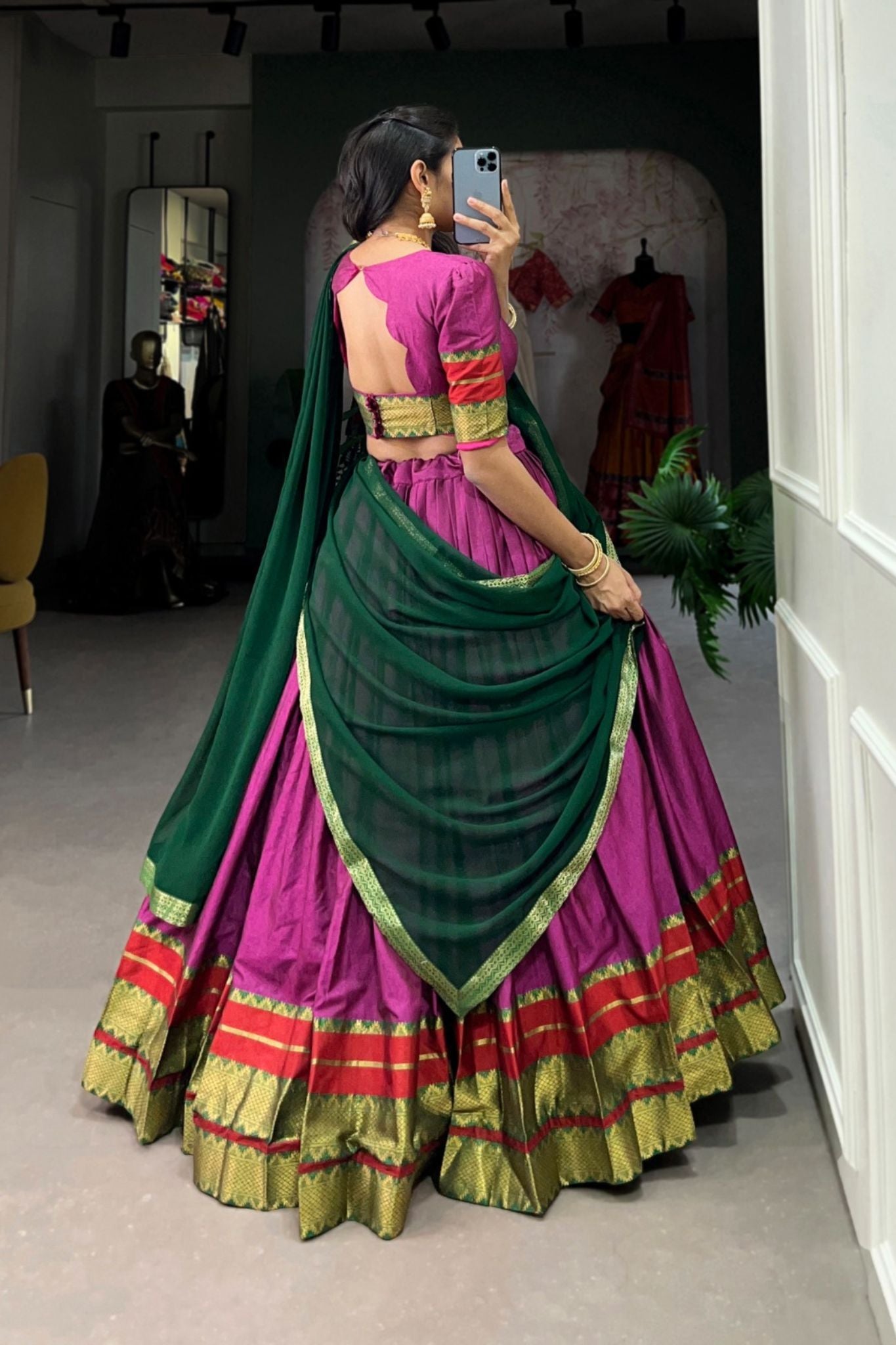 Elegant Traditional Zari Border Lehengas with Contrasting Dupattas Perfect for Festive & Wedding Occasions