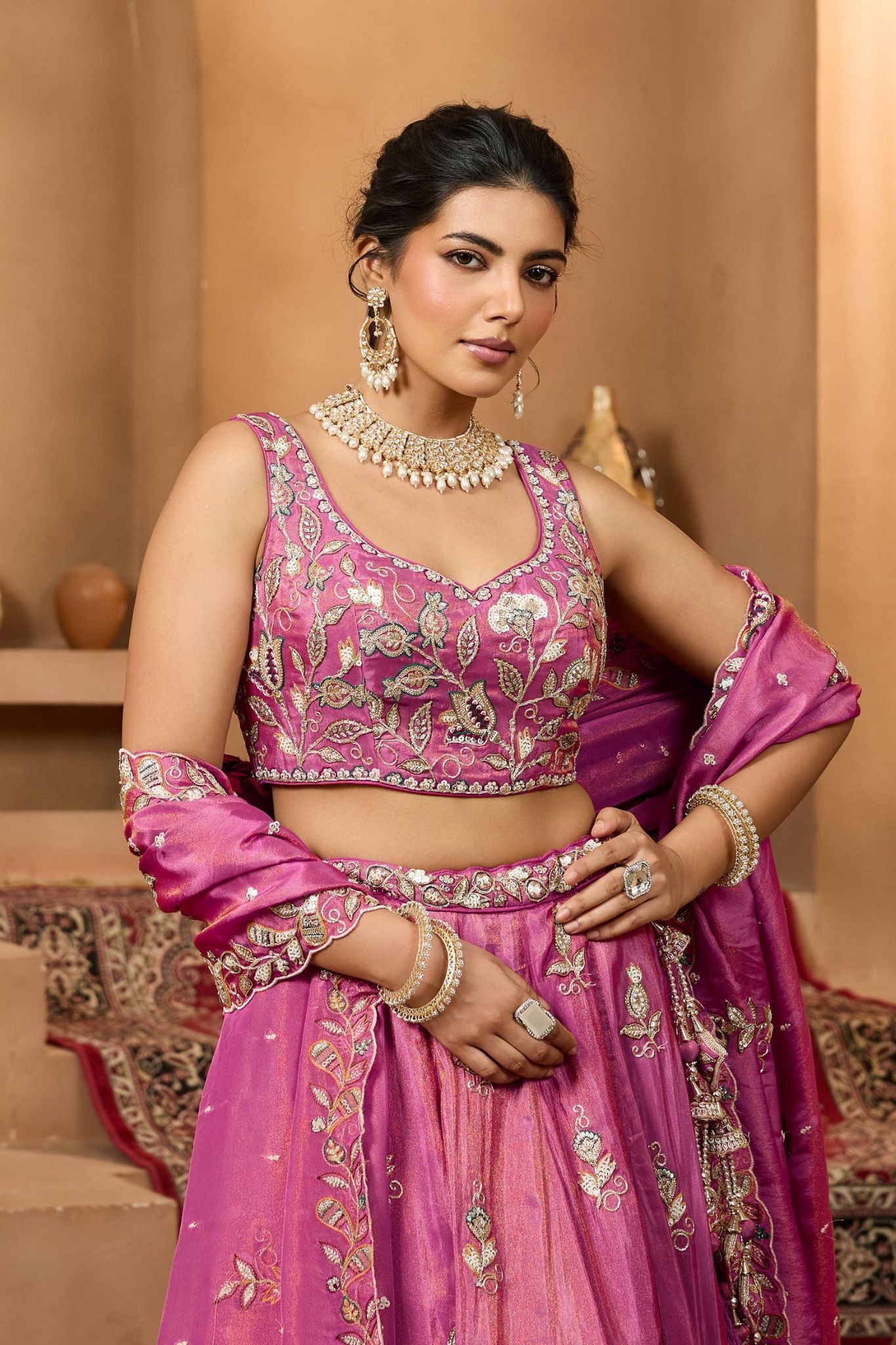 Rani Pink Pure Tissue Designer Lehenga Choli With Heavy Sequins & Thread Embroidery Work