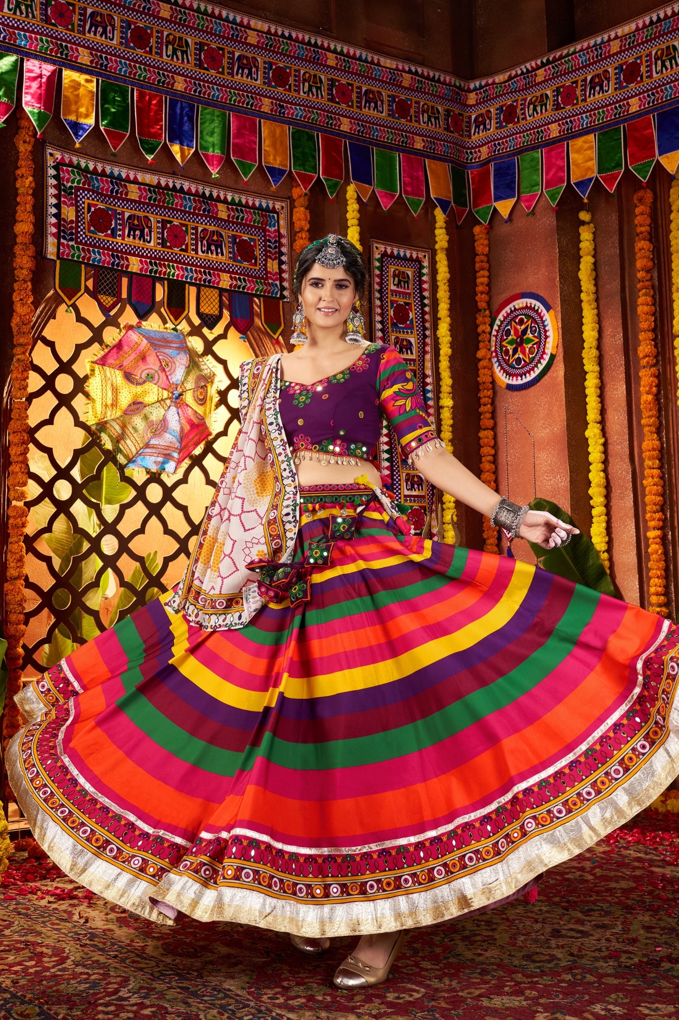 Multi Color Muslin Designer Stunning Print With Mirror Work Navratri Lehenga Choli