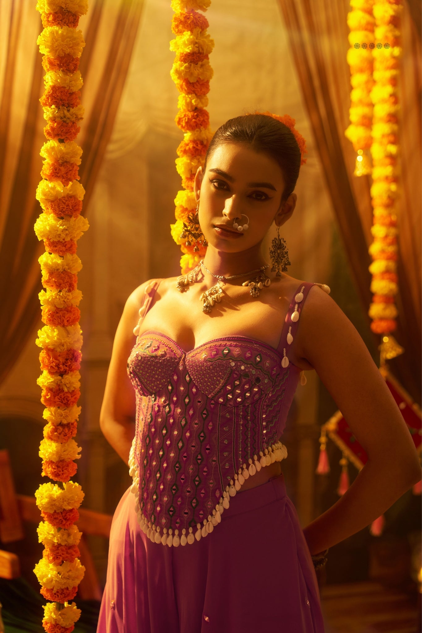 Pink Georgette Designer Festive Set With Mirror And Shell Handwork