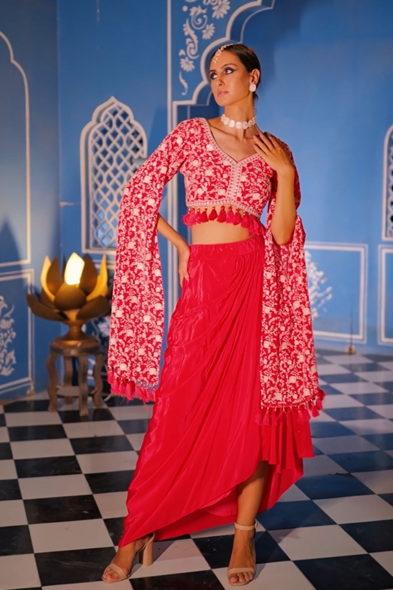 Pink Dhoti Crop Top Set In Satin With Lucknowi Embroidery Work