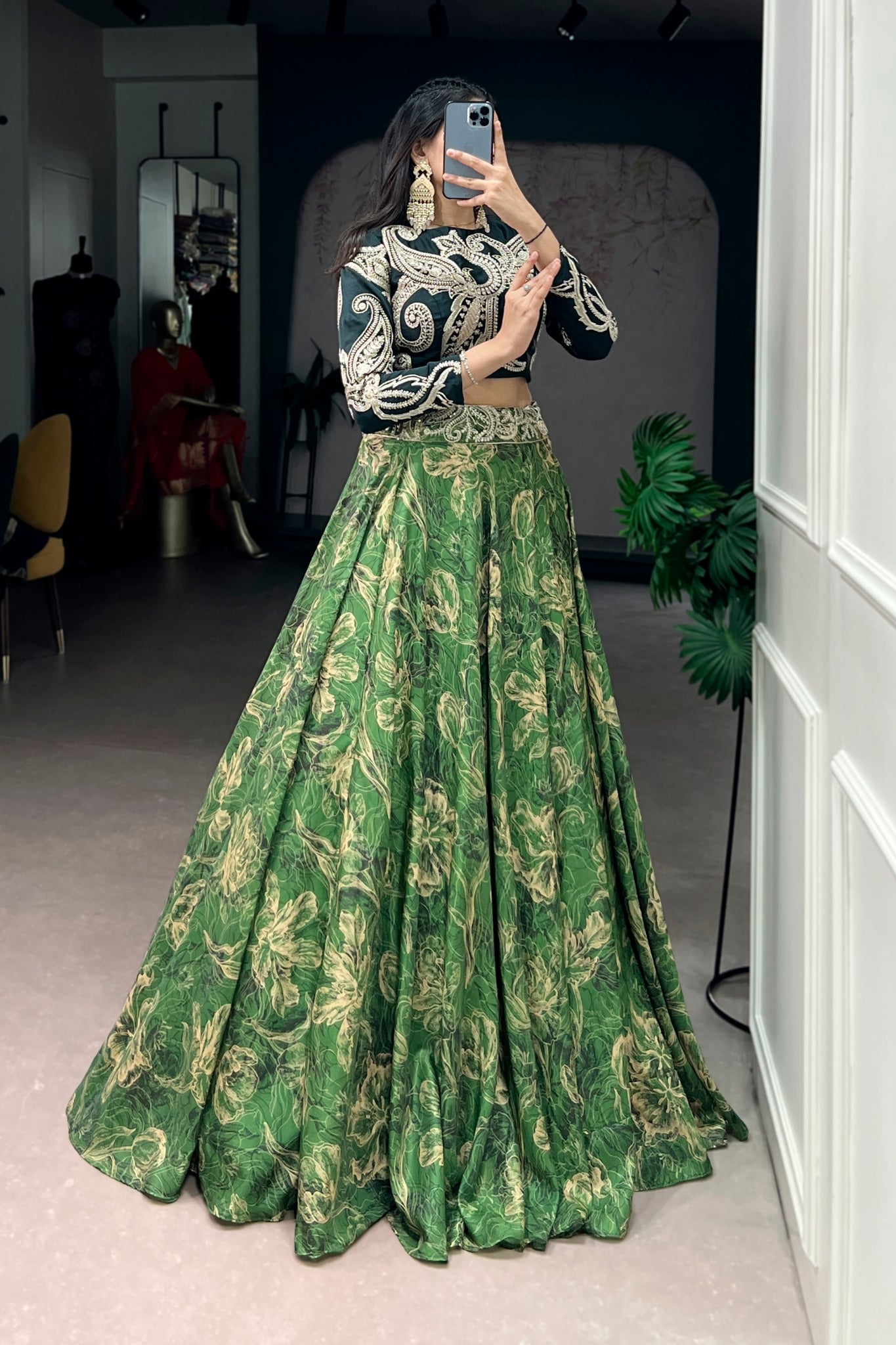 Floral Printed Tasar Silk Lehenga Choli