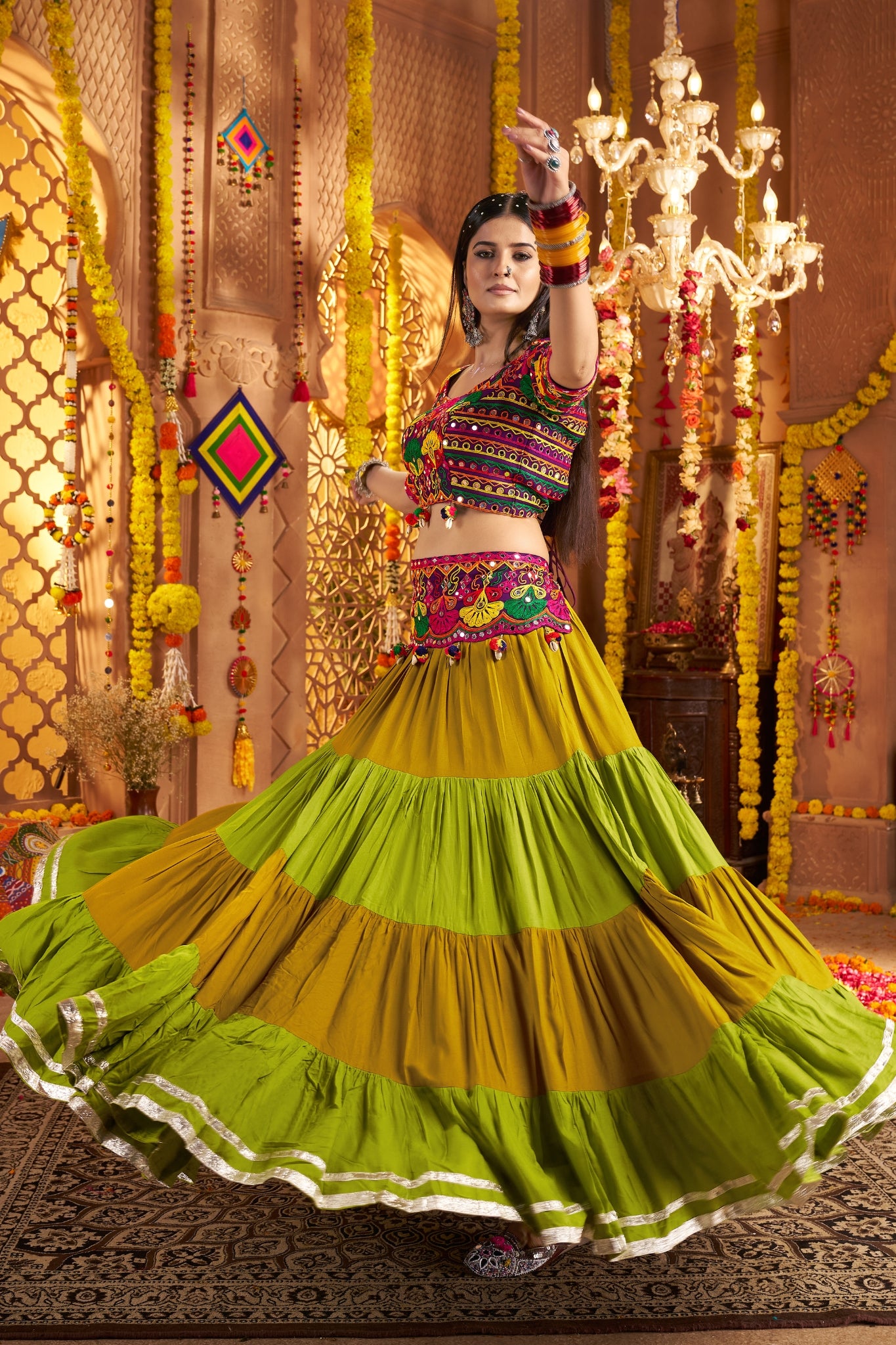 Designer Festive Spirit Viscose Cotton Multi Tread With Mirror Work Traditional Navratri Lehenga Choli