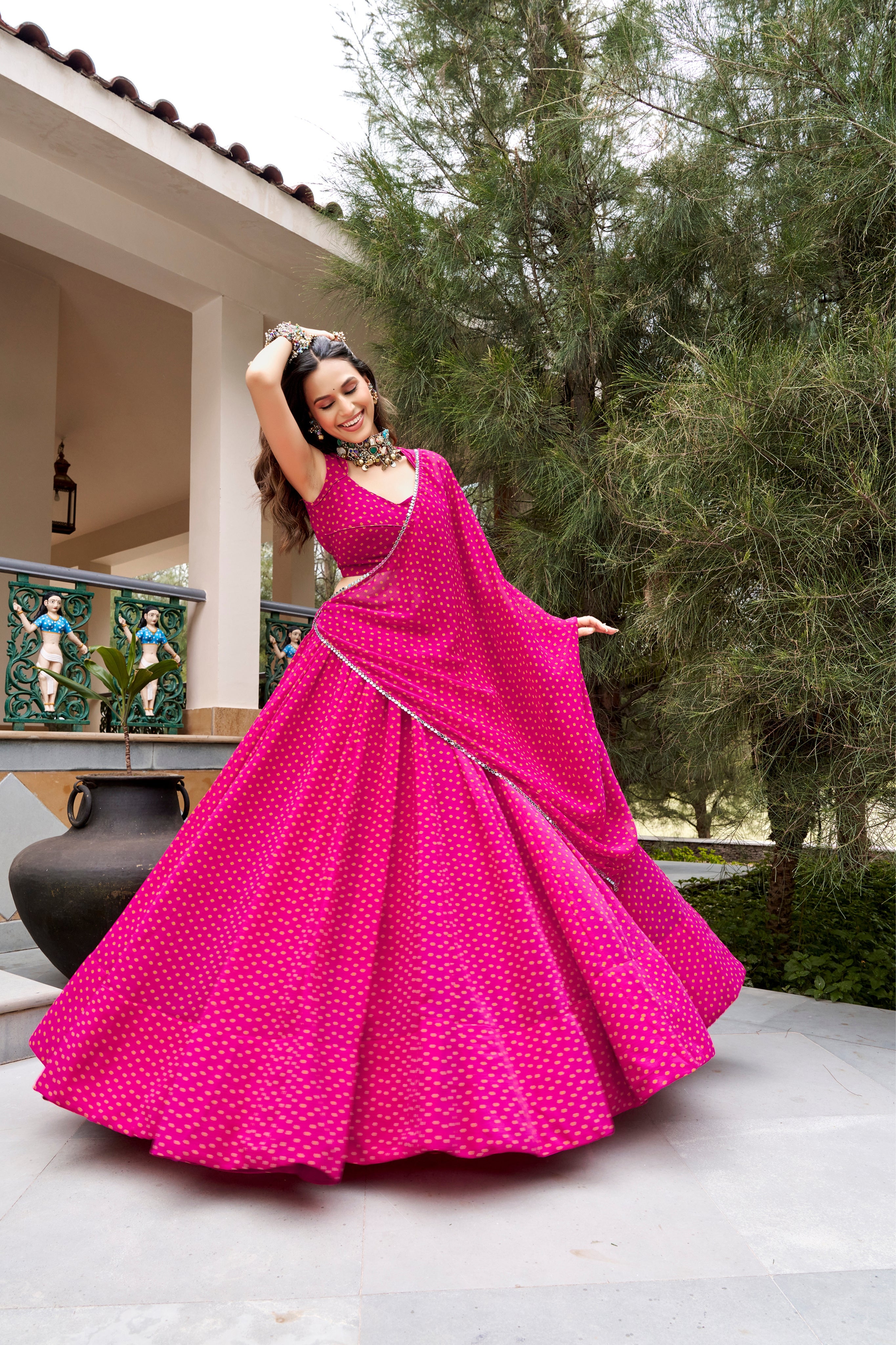 Pink Georgette Bandhej Print Designer Navratri Chaniya Choli For Women
