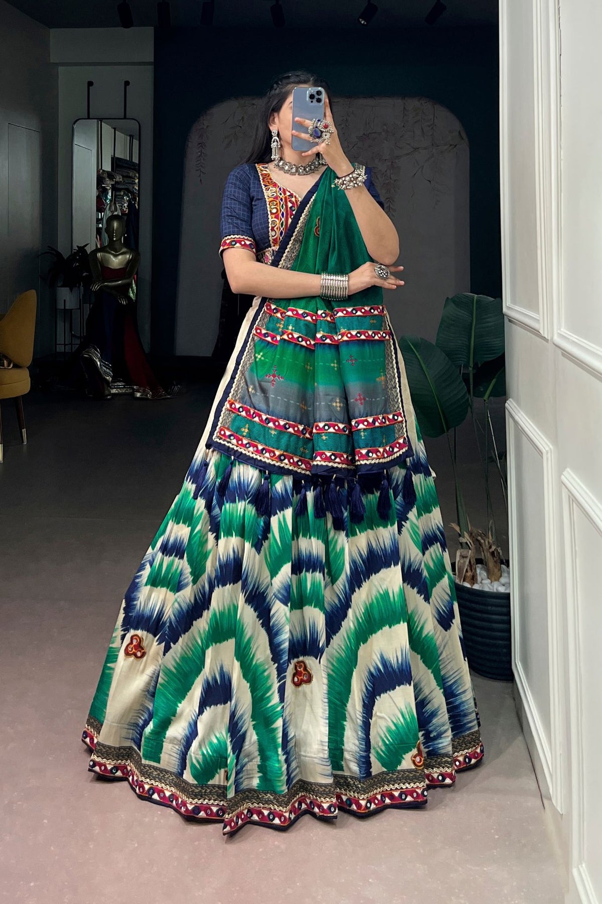 Tasar Silk Tie & Dye With Gamthi Work Navratri Lehenga Choli