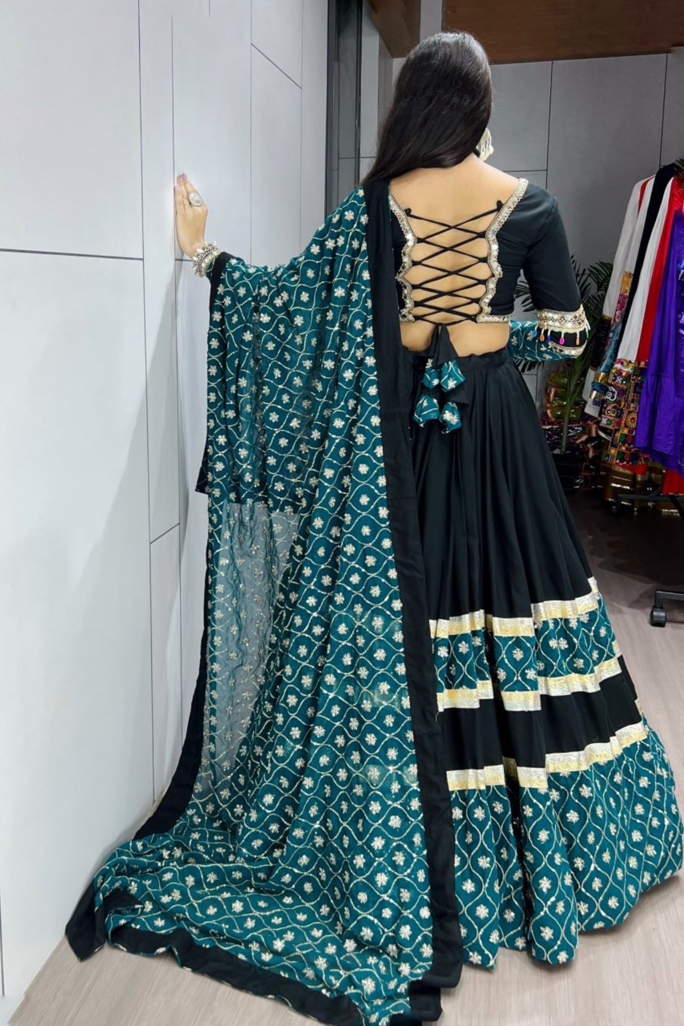 Raasrang Designer Black And Teal Embroidered Navratri Lehenga Choli