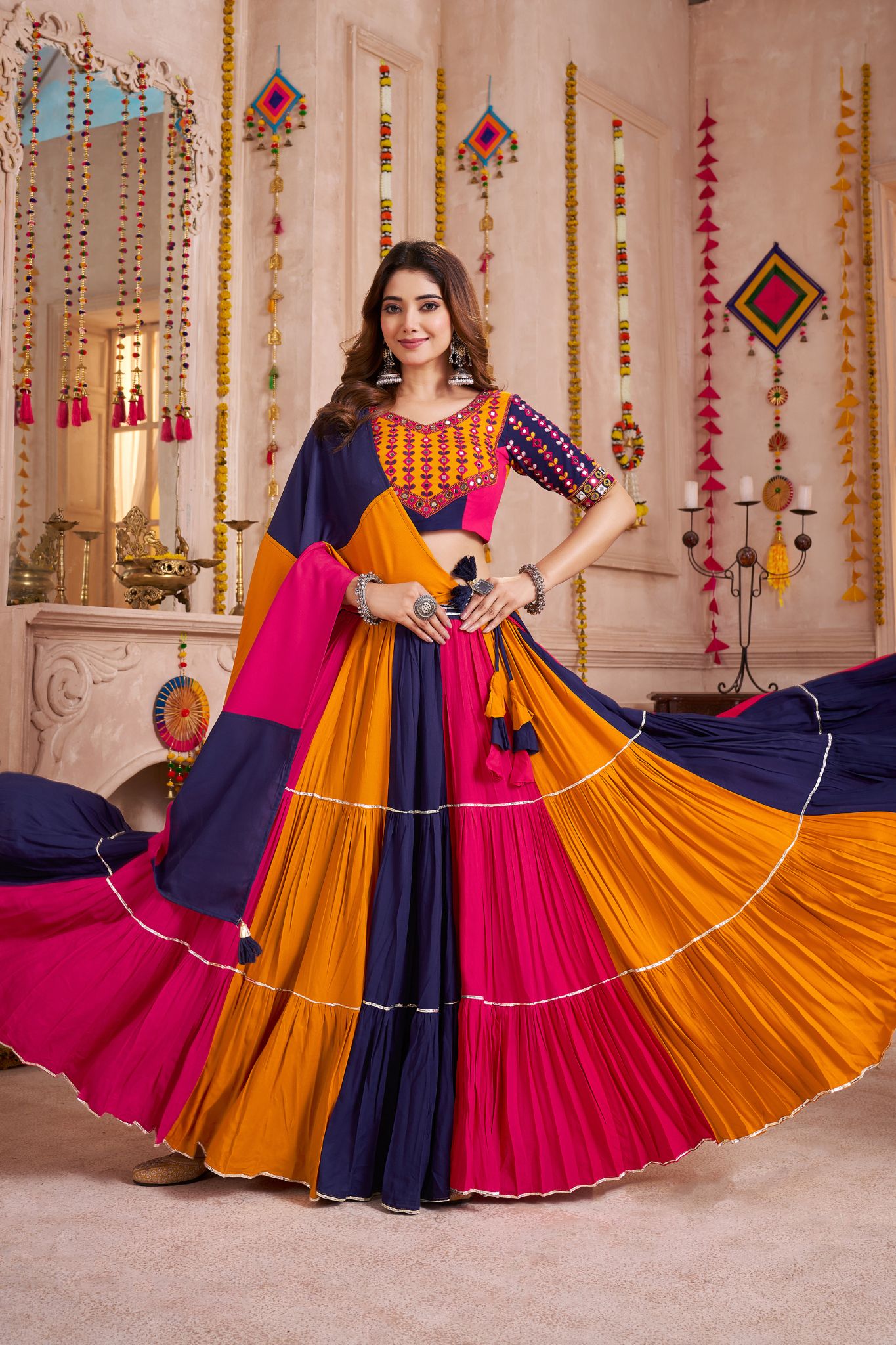 Beautiful Colorful Crafted Viscose Cotton Graceful Twirl Navratri Lehenga Choli