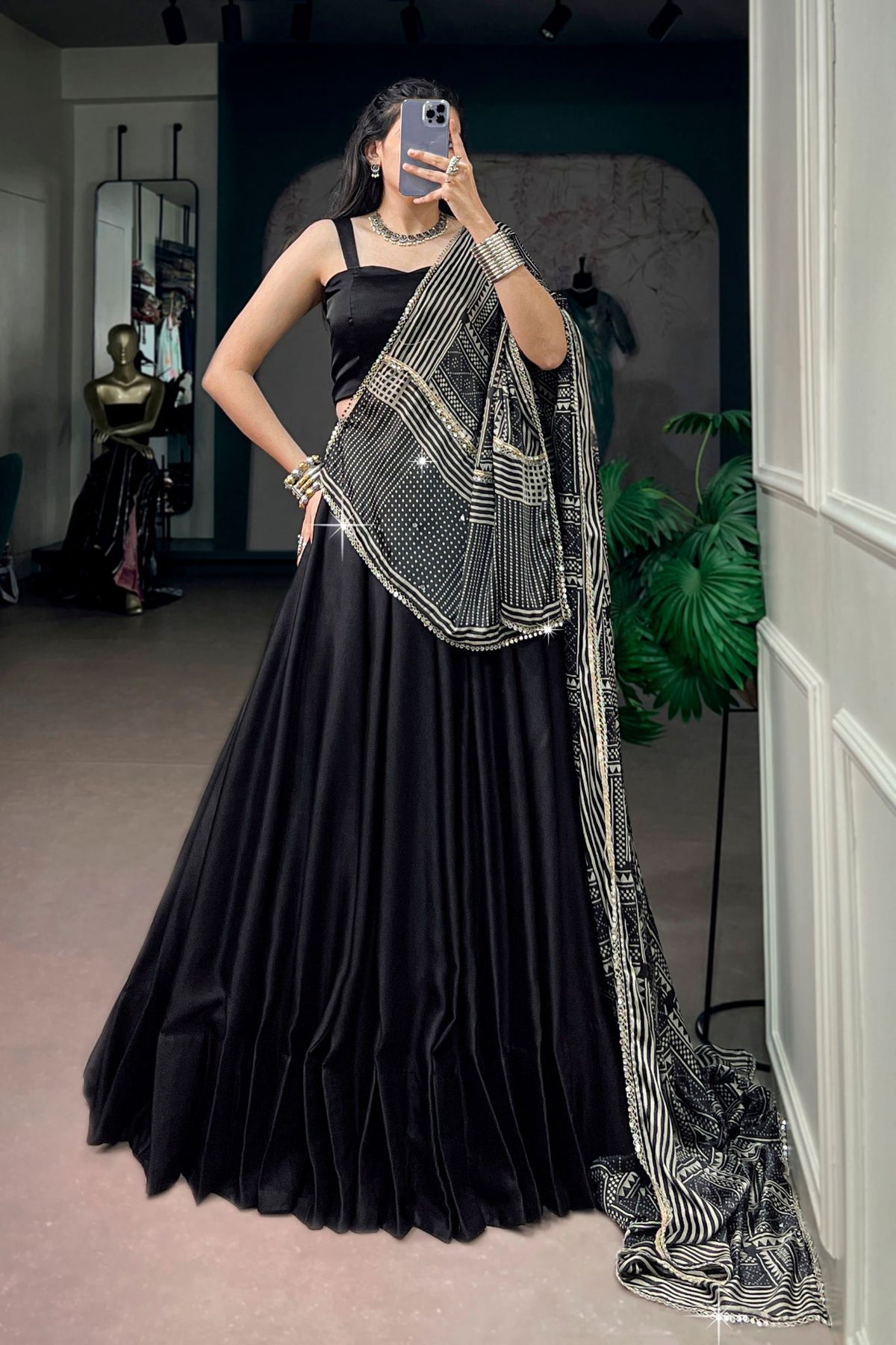 Navy Blue Navratri Designer Lehenga Choli With Printed Satin Dupatta