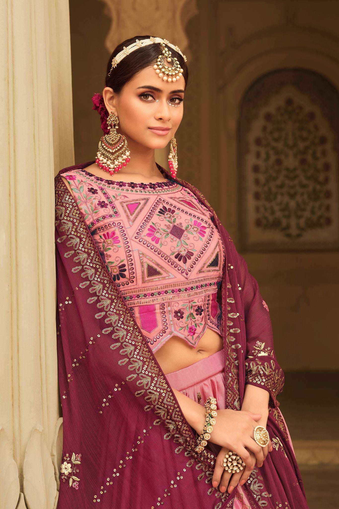 Pink To Magenta Wedding Designer Thread With Sequince Embroidered Work Lehenga