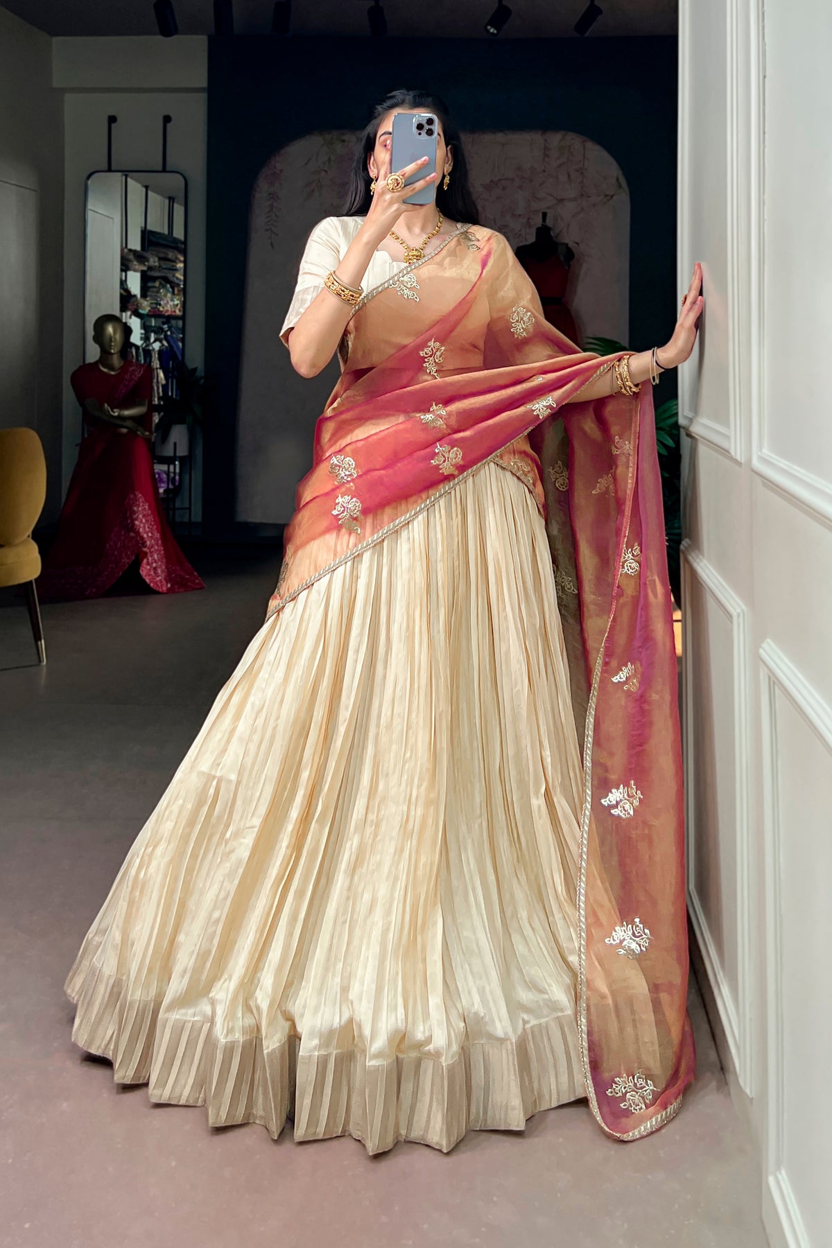 Designer Pleated Poly Kotha Tasar Lehenga Choli For Festive & Wedding Wear