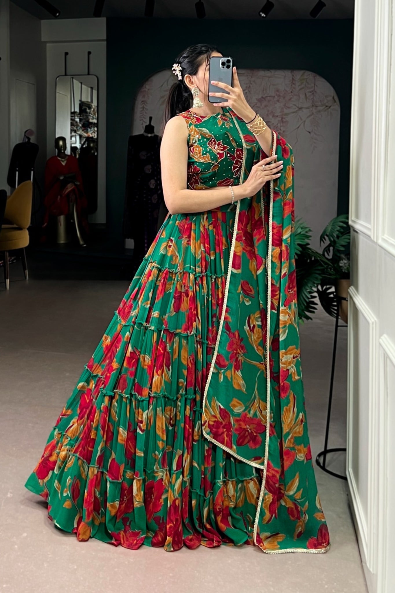 Floral Marble Print Lehenga Choli Set For Women