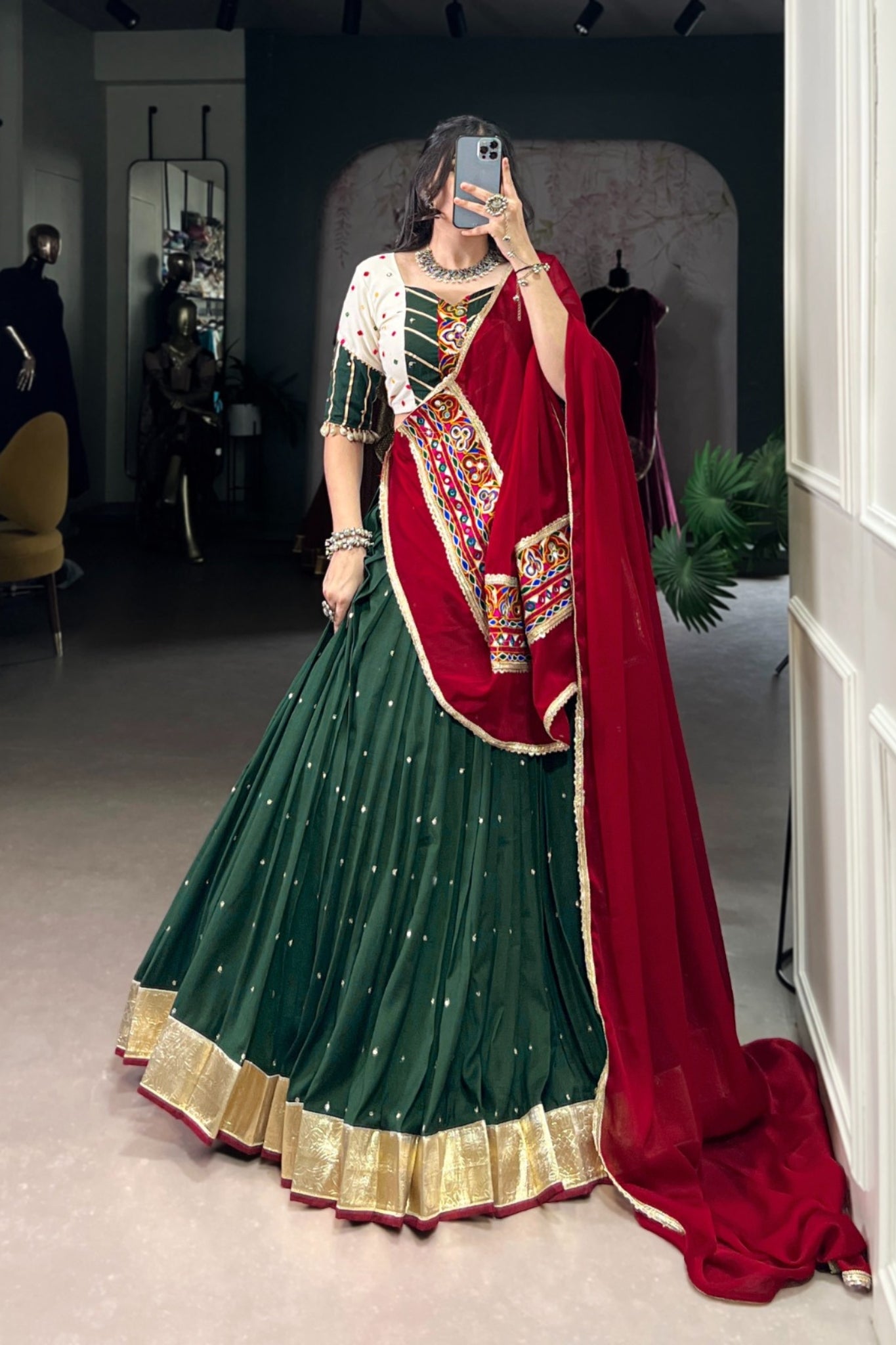 Green Sequins Thread Embroidered Embossed Designer Navratri Lehenga Choli