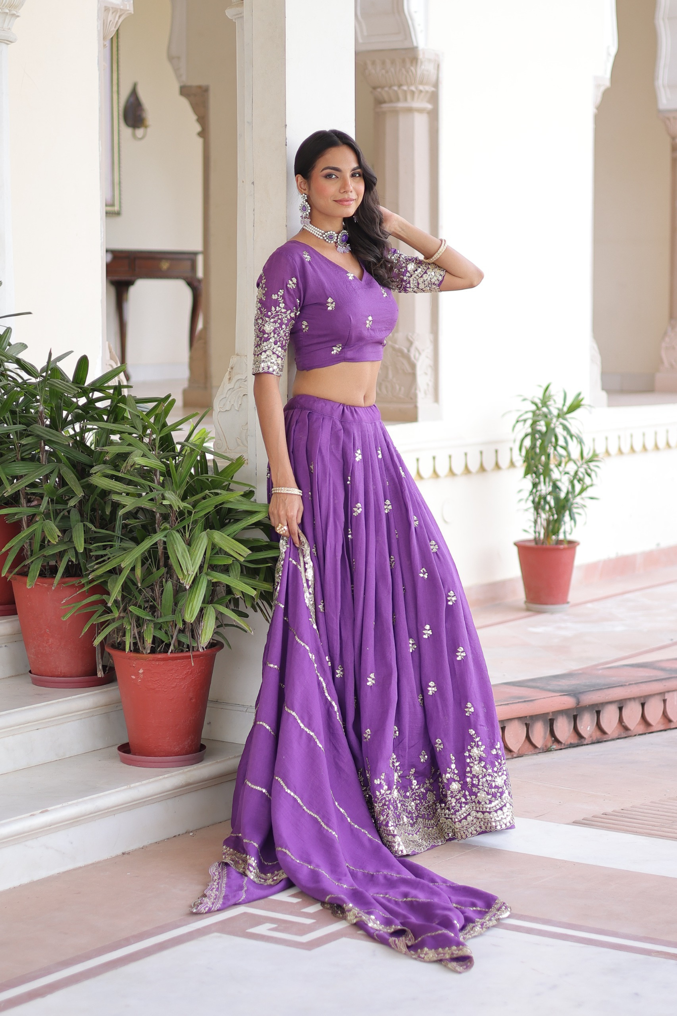 Designer Vichitra Silk Embroidered Lehenga With Blouse Dupatta