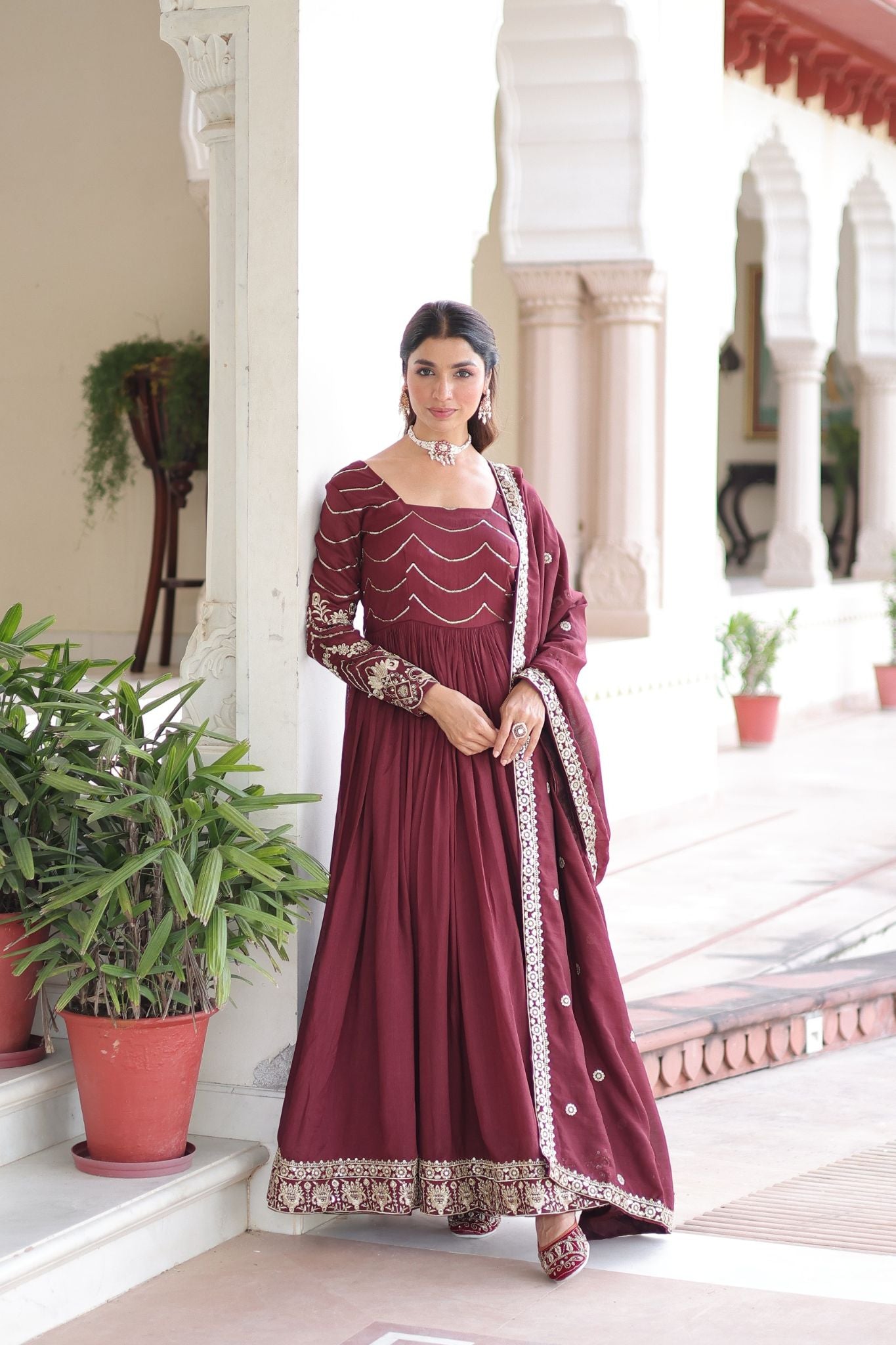 Designer Vichitra Silk Sequin Embroidered Gown with Dupatta for Wedding & Party Wear
