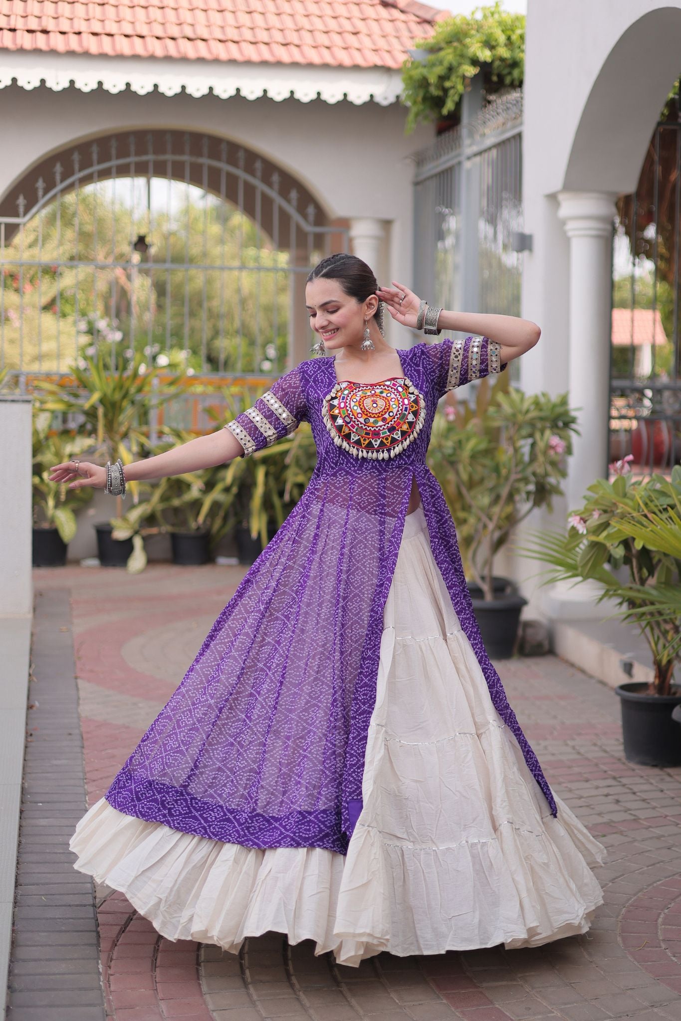 Raasrang Navratri Designer Kora Cotton Lehenga With Kutchi Patchwork Bandhani Print Kurti For Garba & Dandiya