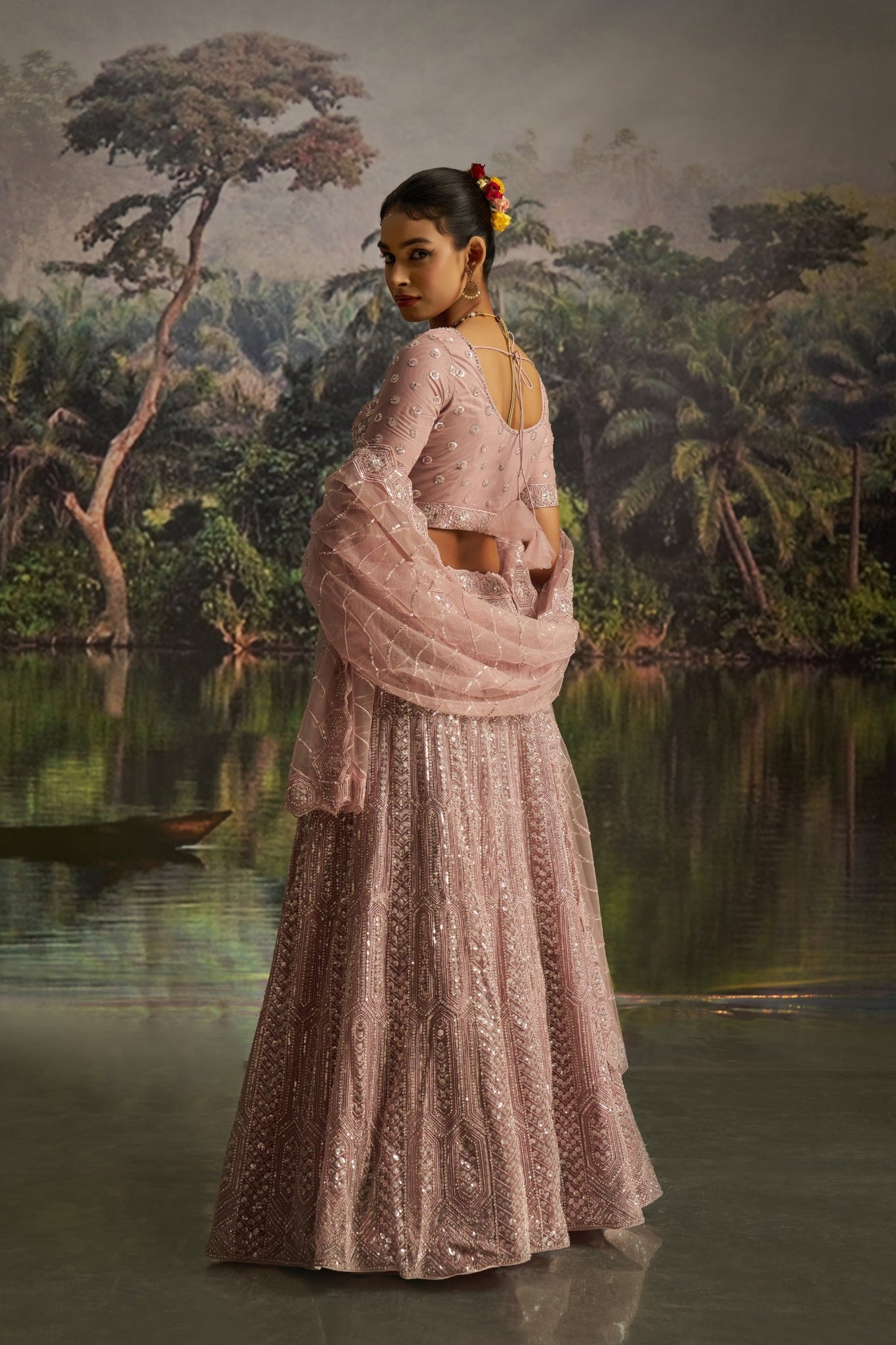 Opulent Mauve Designer Dori, Zarkan And Sequins Masterwork Lehenga in Soft Net