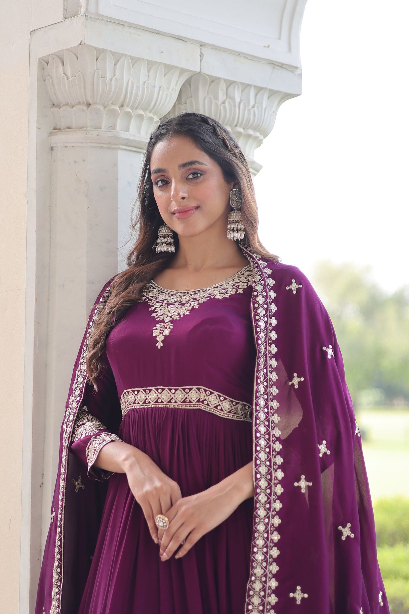 Luxury Vichitra Silk Embroidered Gown Set