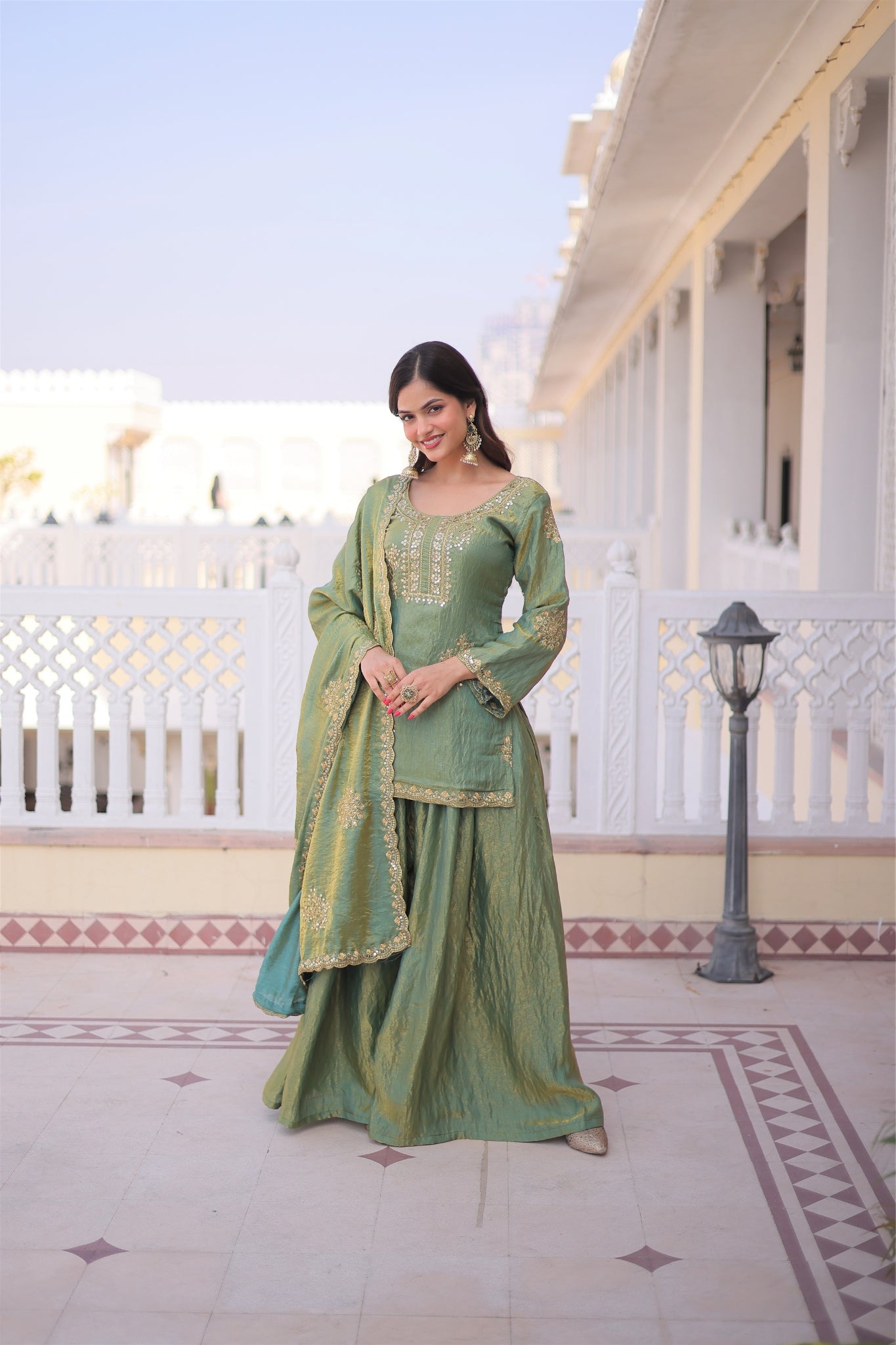 Fendi Crush Zari Sequins Embroidered Kurti Sharara Set With Designer Dupatta