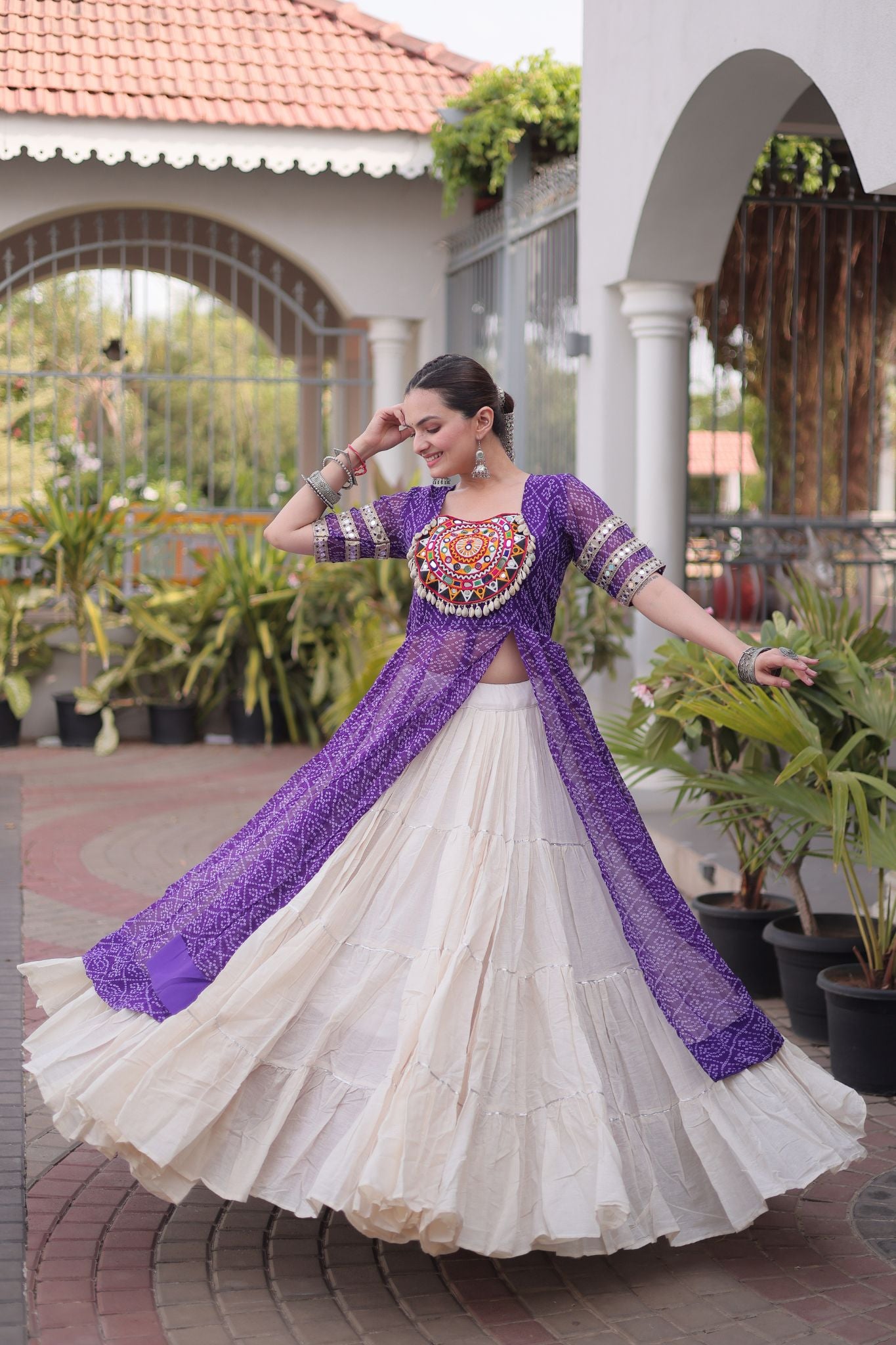 Raasrang Navratri Designer Kora Cotton Lehenga With Kutchi Patchwork Bandhani Print Kurti For Garba & Dandiya