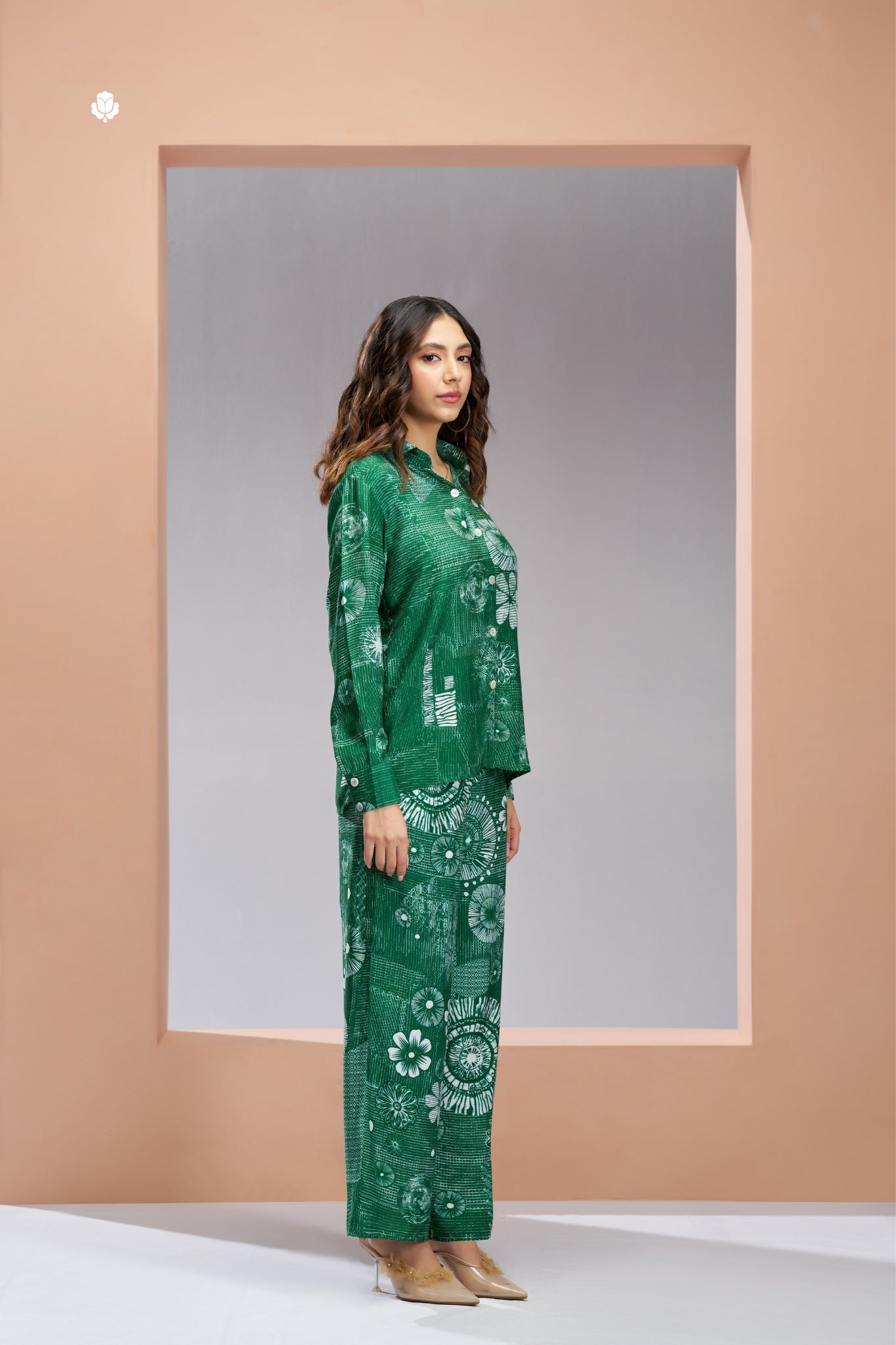 Dark Green Designer Pure Muslin Silk Floral Co Ord Set
