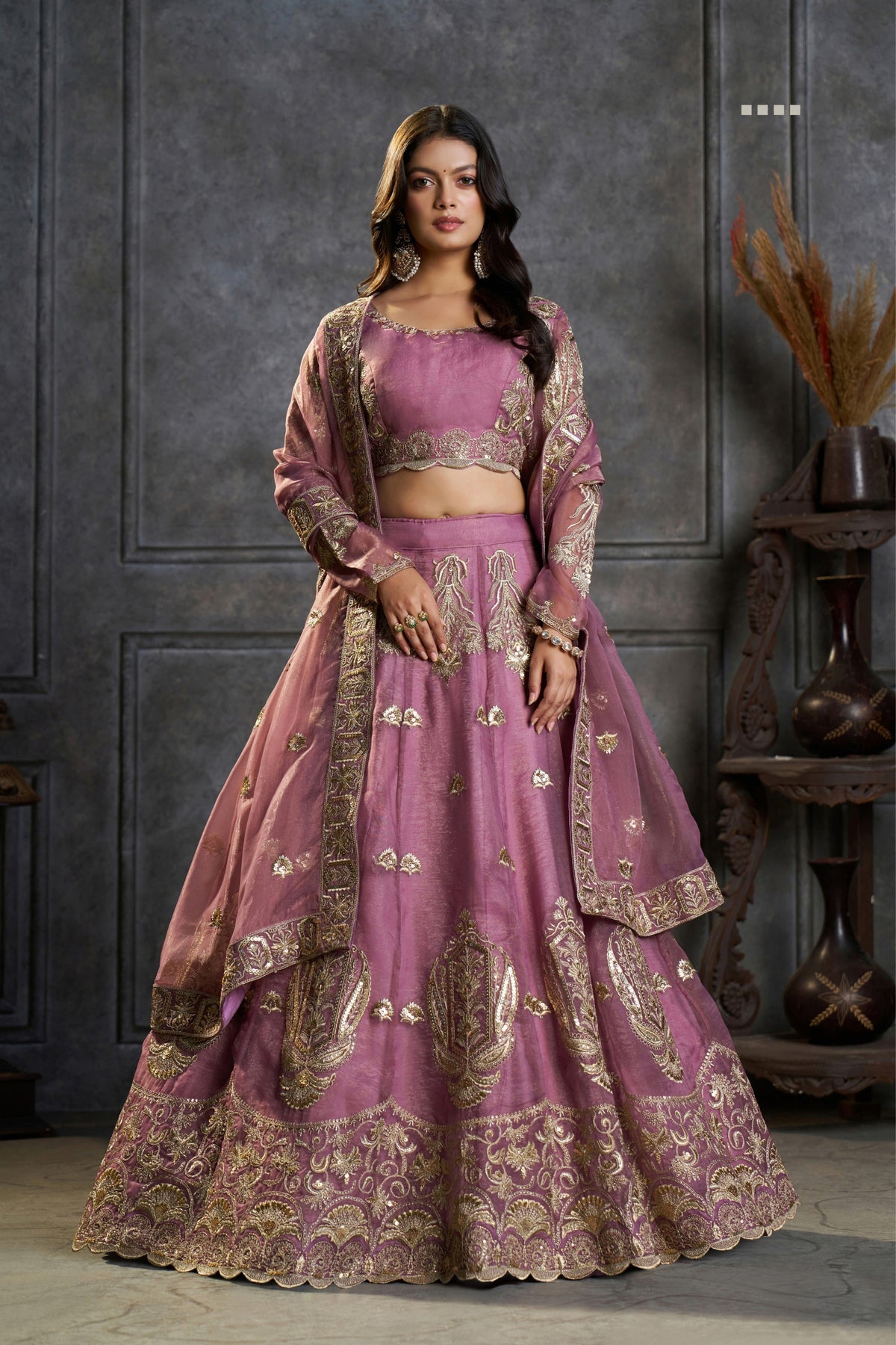 Pure Organza Embroidered Designer Lilac Zari Sequin Work Bridal & Party Wear Lehenga Choli With Dupatta