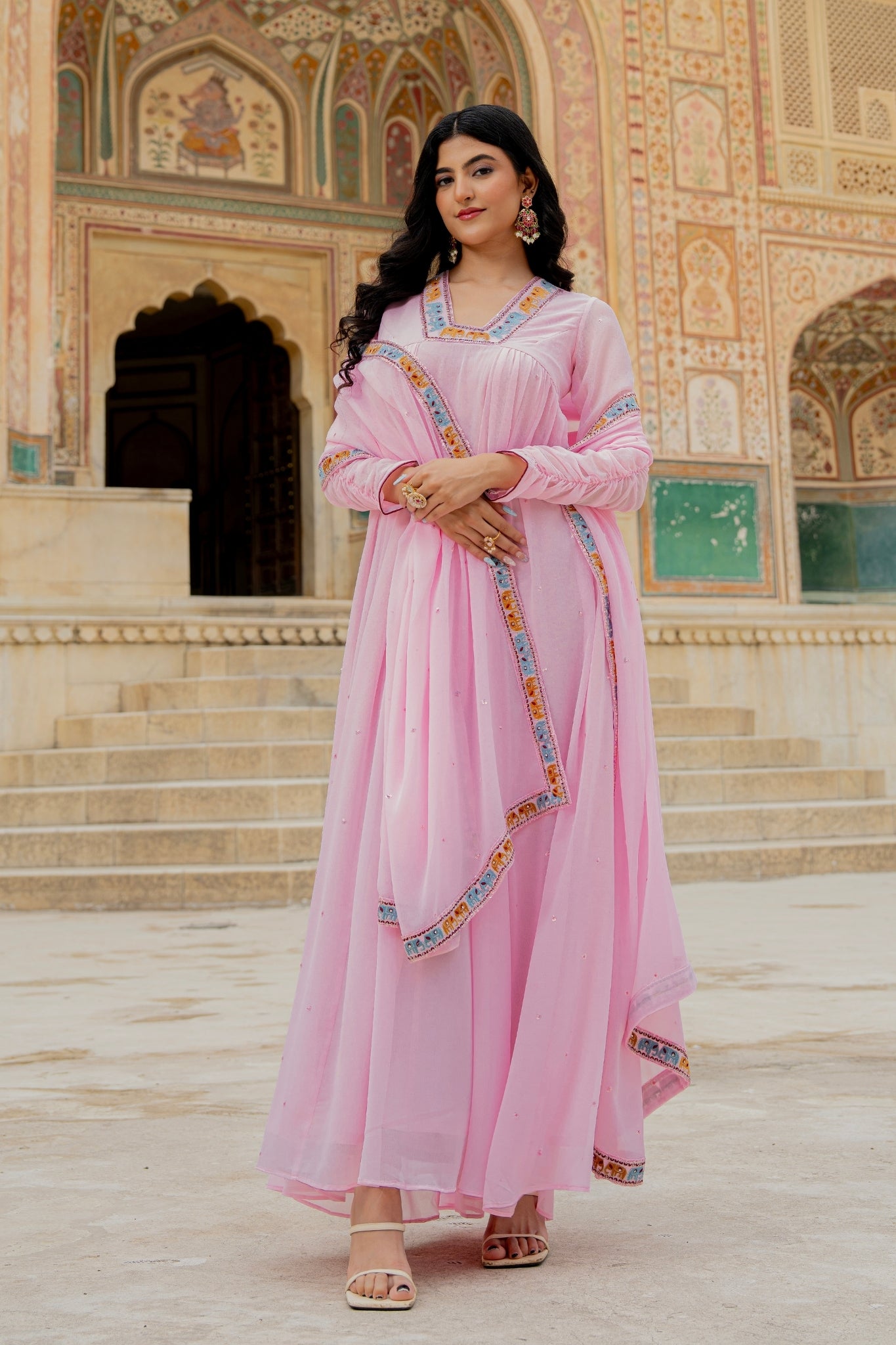 Soft Pink Embroidered Georgette Anarkali Gown