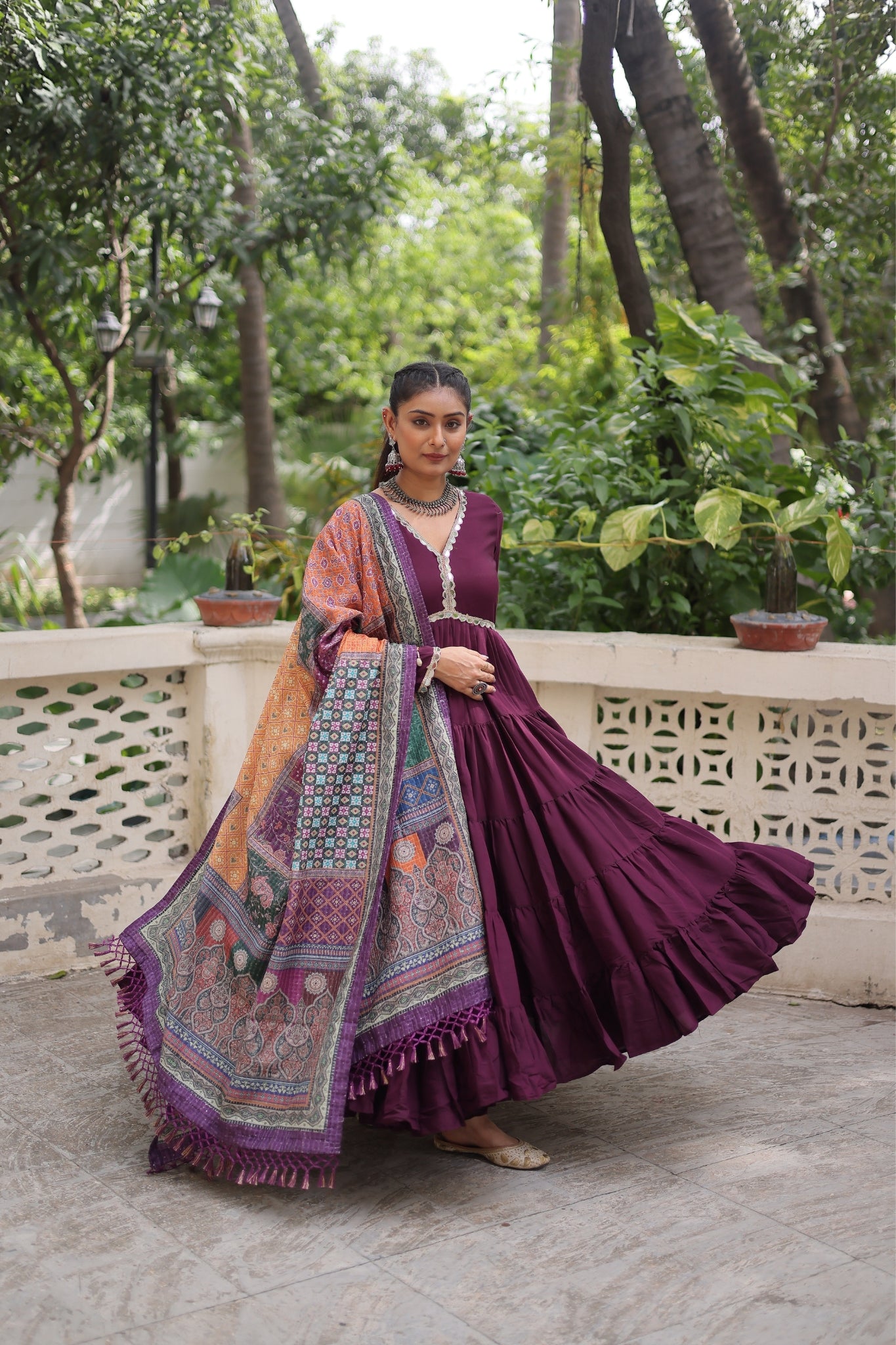 Beautiful Frill Stitching Designer Festival And Wedding Gown And Dupatta Set