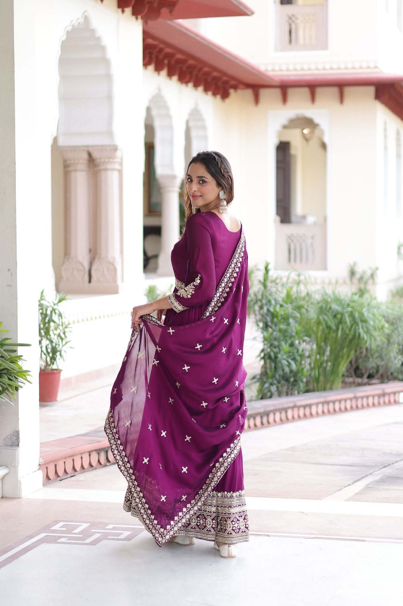 Luxury Vichitra Silk Embroidered Gown Set