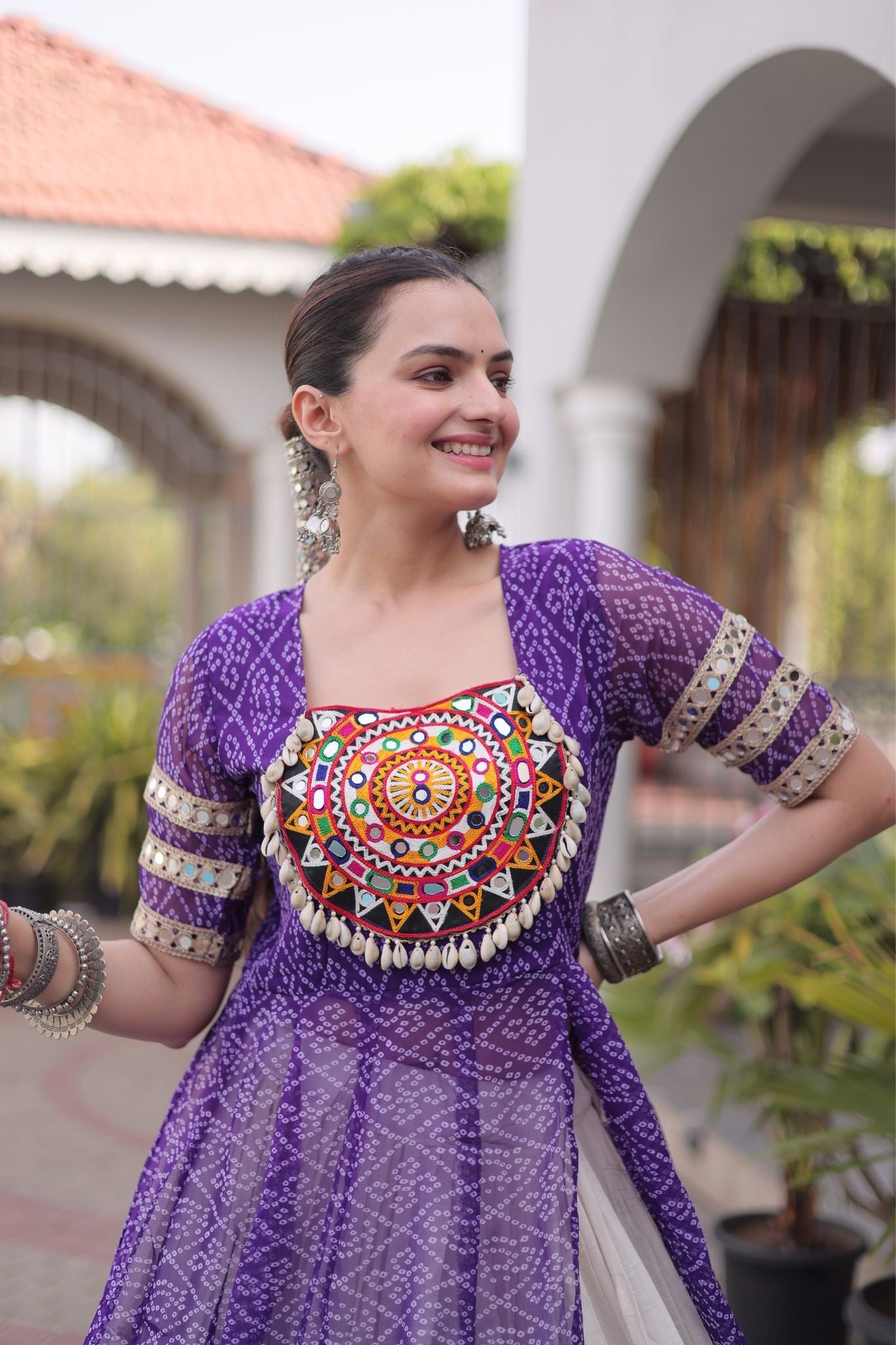 Raasrang Navratri Designer Kora Cotton Lehenga With Kutchi Patchwork Bandhani Print Kurti For Garba & Dandiya