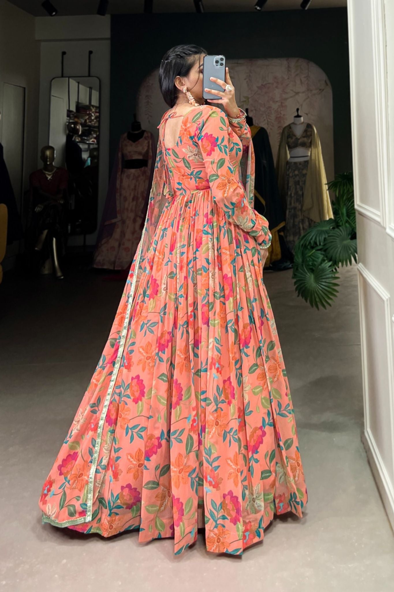 Georgette Floral Printed Peach Anarkali Set