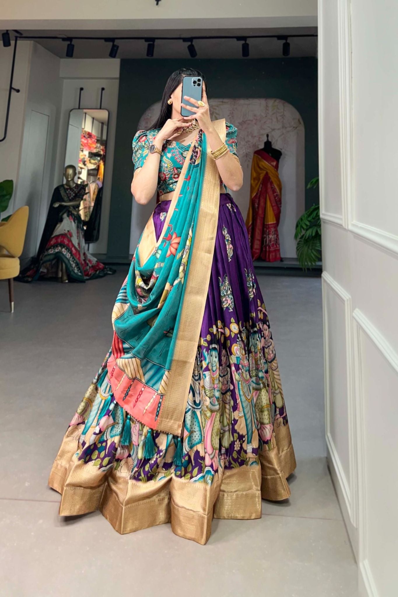 Designer Kalamkari Printed Dola Silk Lehenga Choli