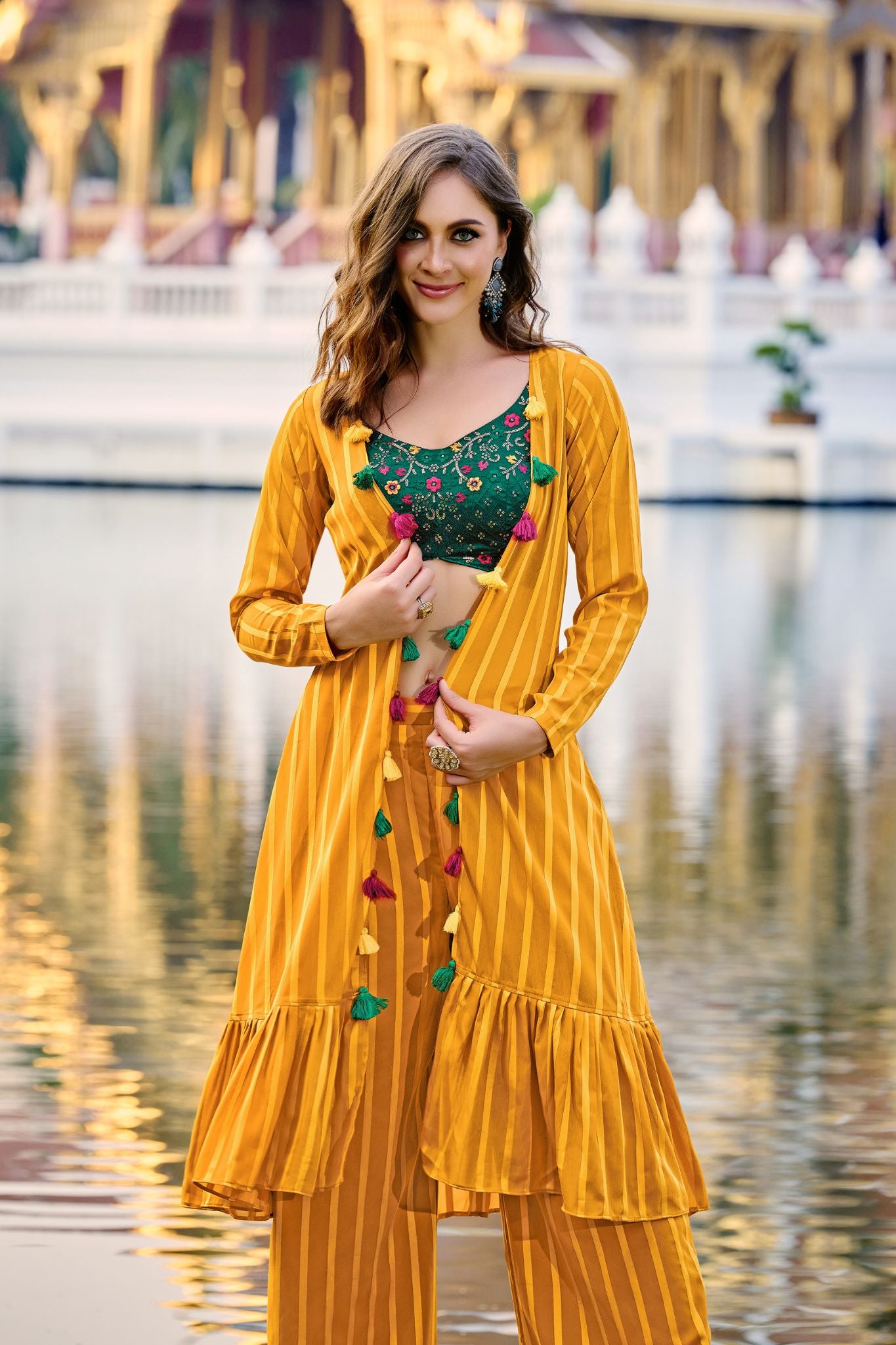 Yellow Stylish Embroidered Design Georgette Readymade Suit Set