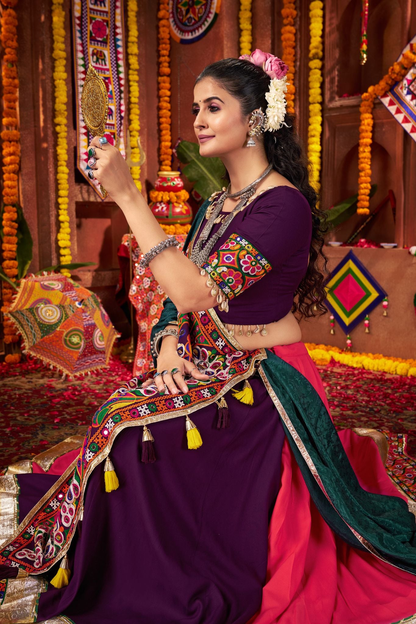 Multi Color Traditional Navratri Lehenga Choli With Mirror And Lampi Work