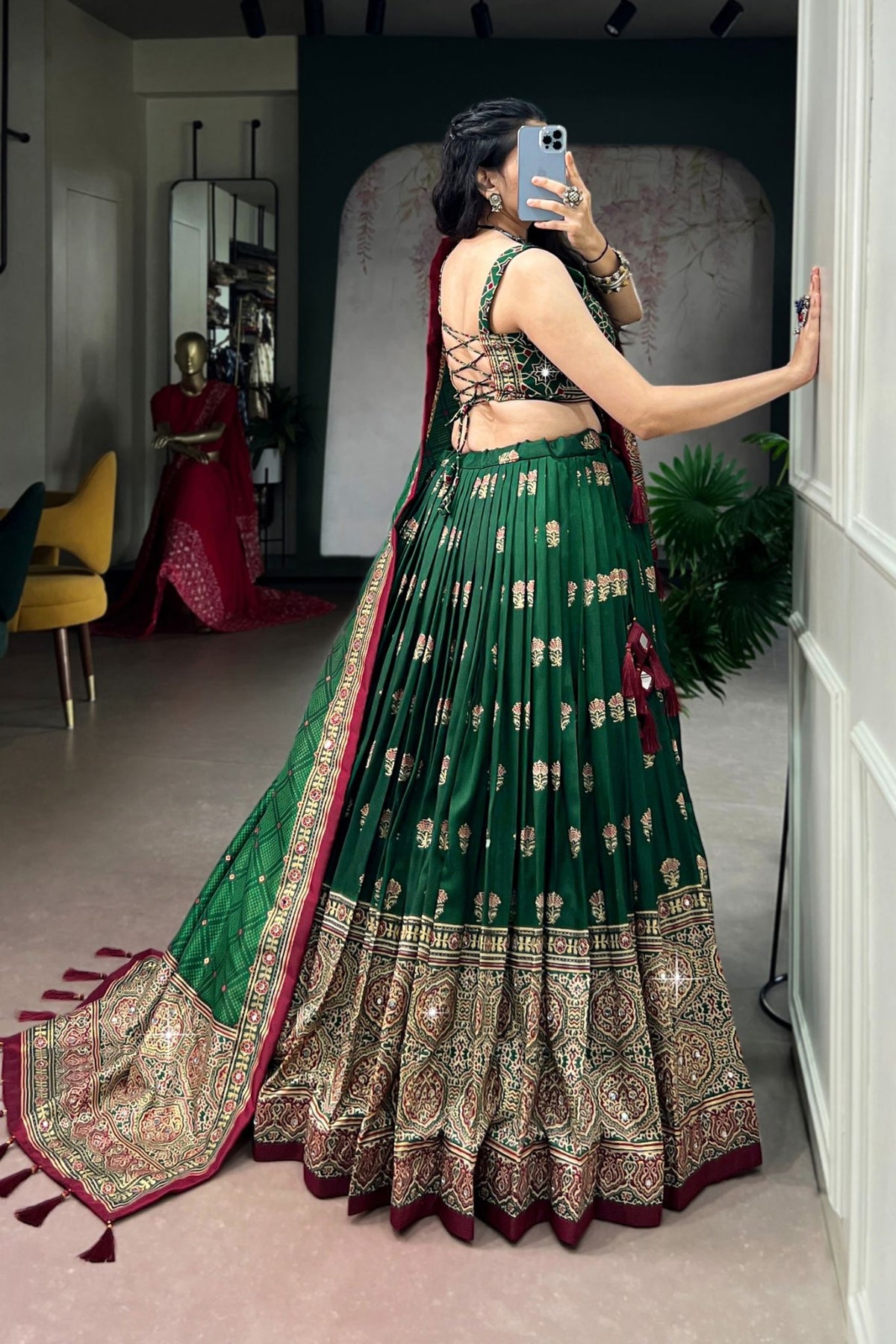 Designer Tasar Silk Ajrak Print Navratri Lehenga Choli