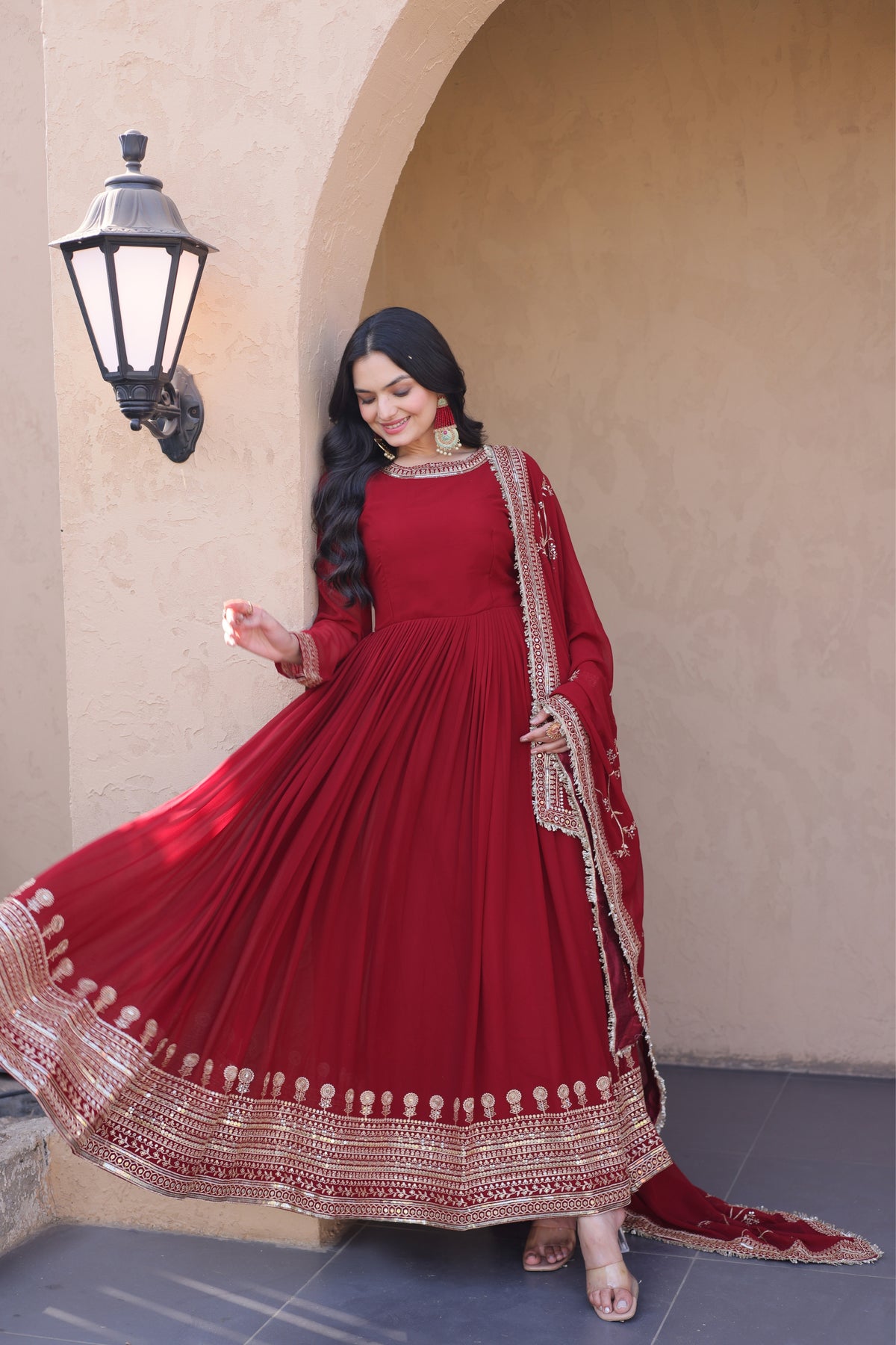 Maroon Designer Anarkali Gown with Dupatta Set