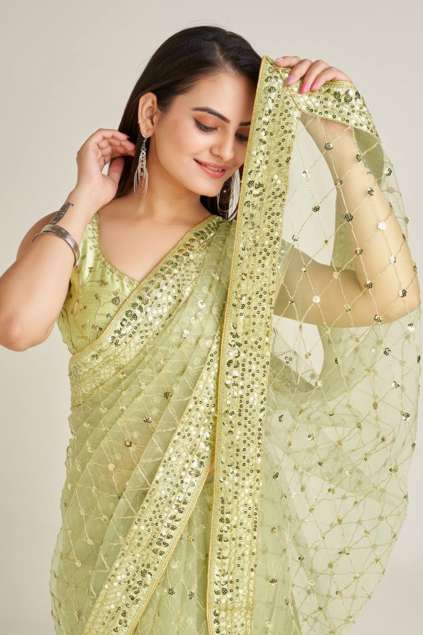 Designer Net Saree With Sequins And Dori Embroidery Work