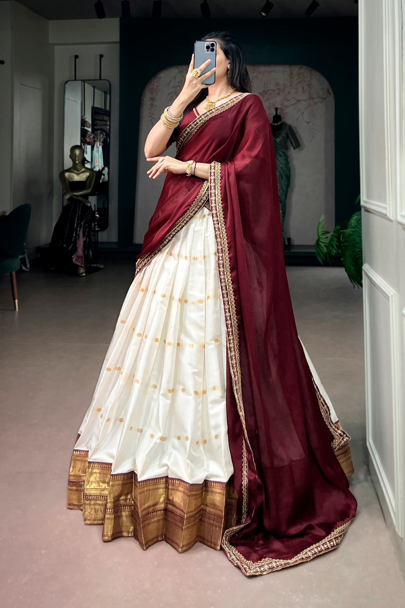 Ivory Maroon Silk Cotton Designer Lehenga Choli