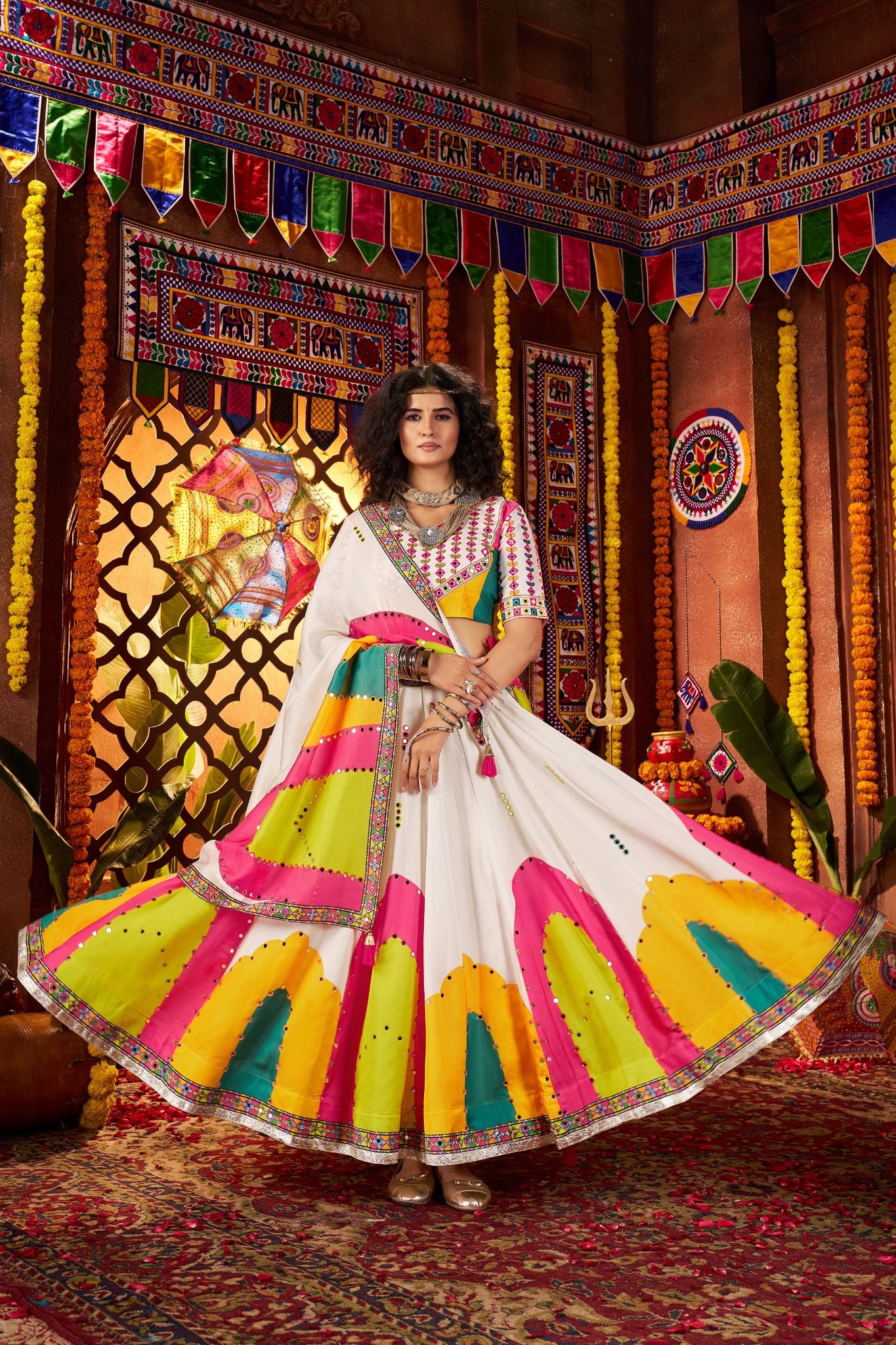 Designer White Lehenga Choli For Navratri With Mirror And Hand Embroidery Work