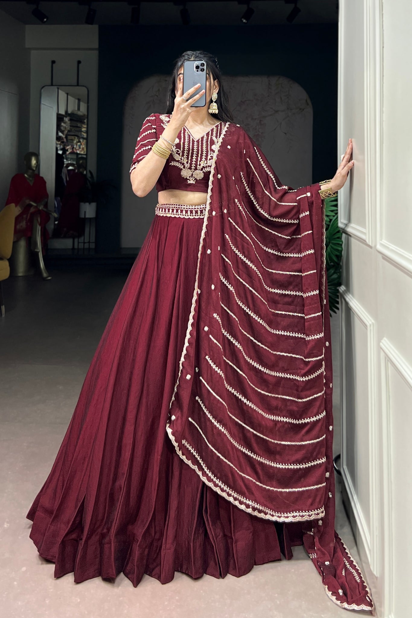 Premium Maroon Rangoli Crush Lehenga Choli Set