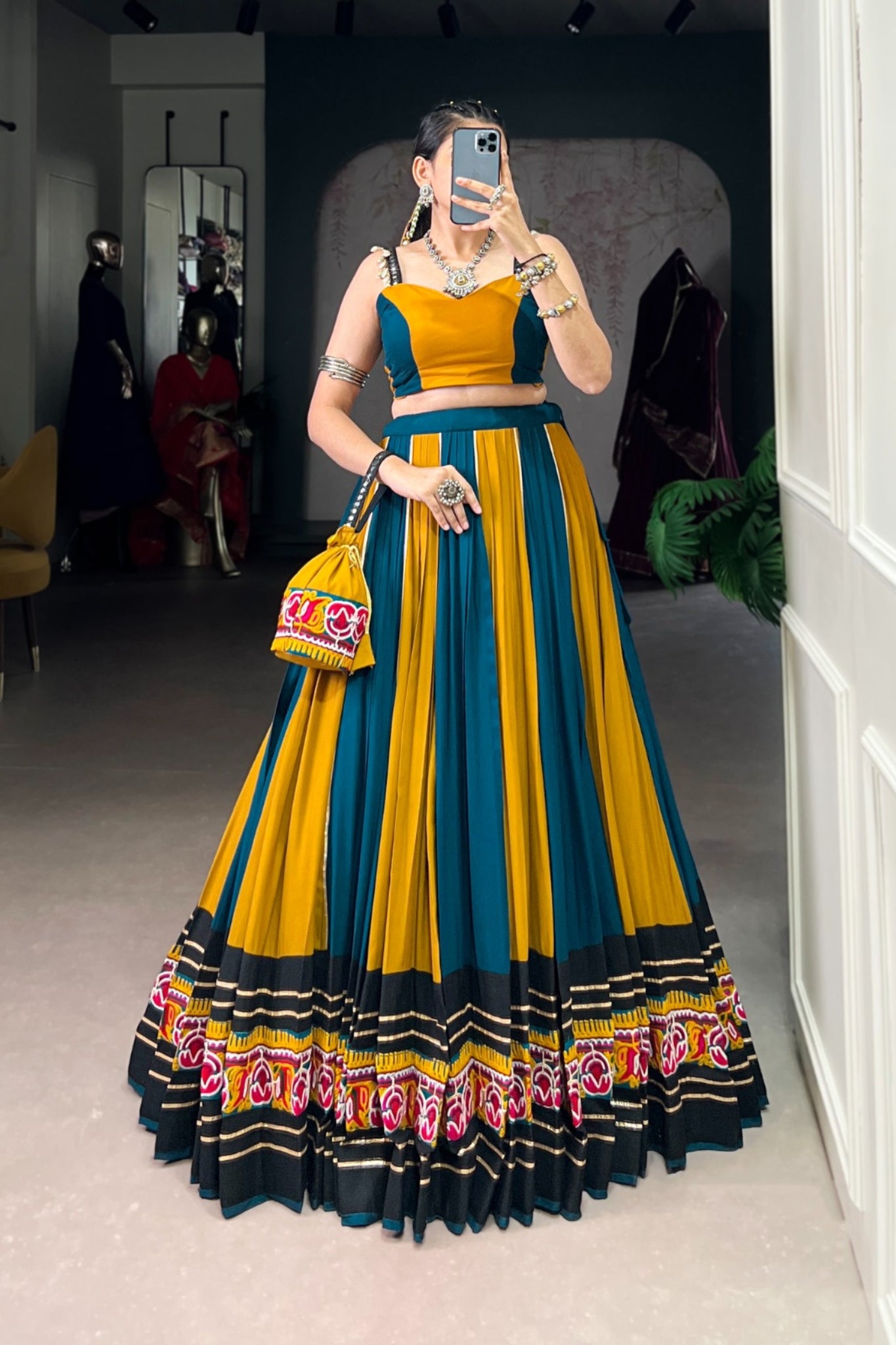 Mustard Pure Rayon Gamthi Work With Gotta Patti Lace Touch Up Navratri Lehenga Choli