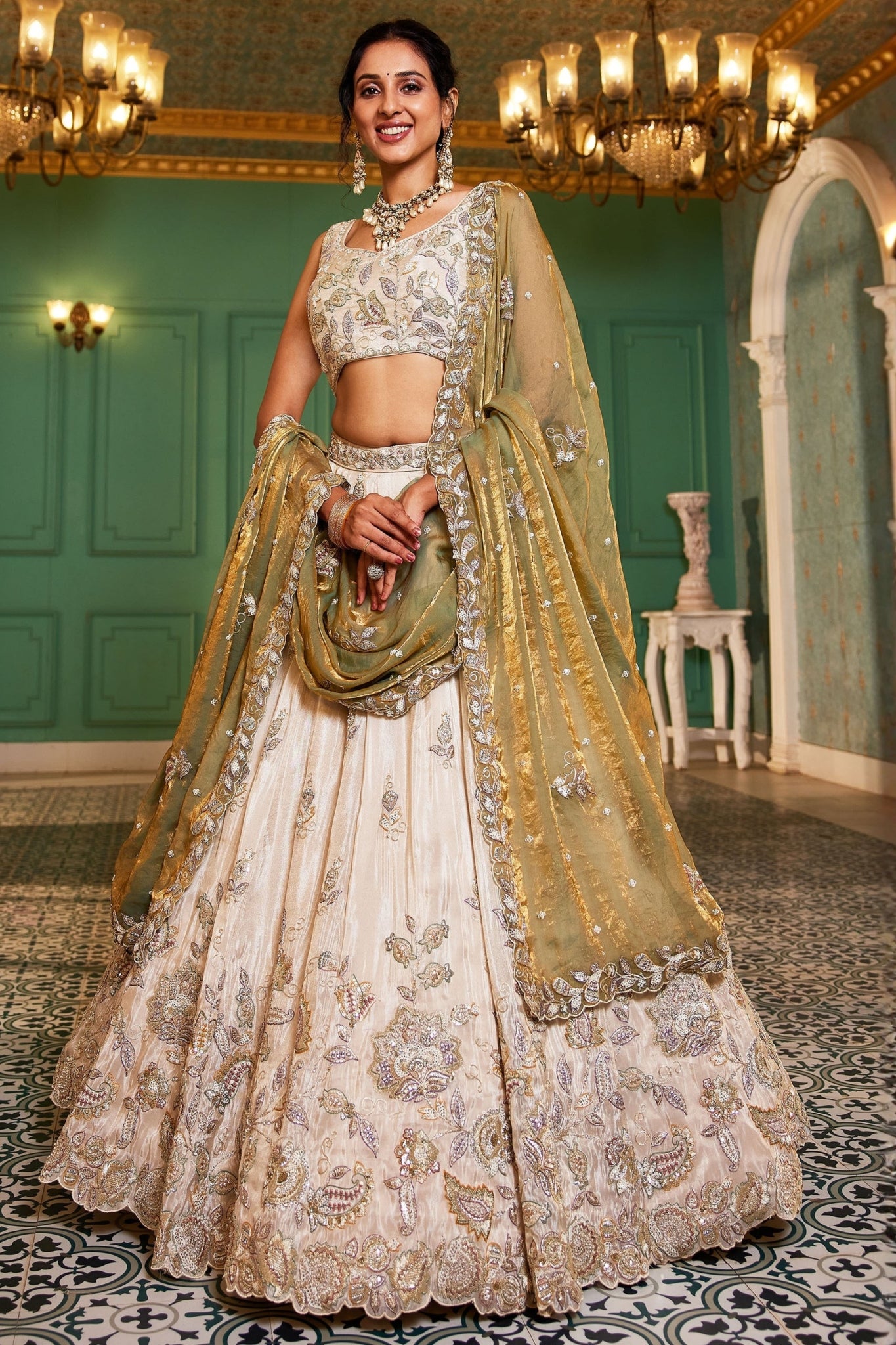 Premium Pure Tissue Ivory Cream Designer Lehenga Choli With Sage Green Fendi Dupatta