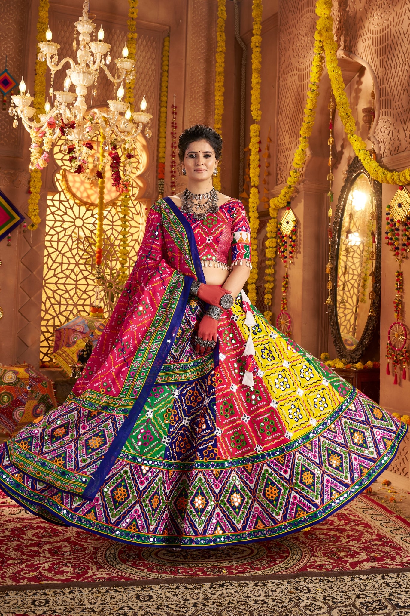 Multi Color Beautiful Organic Cotton Navratri Special Designer Lehenga Choli Set