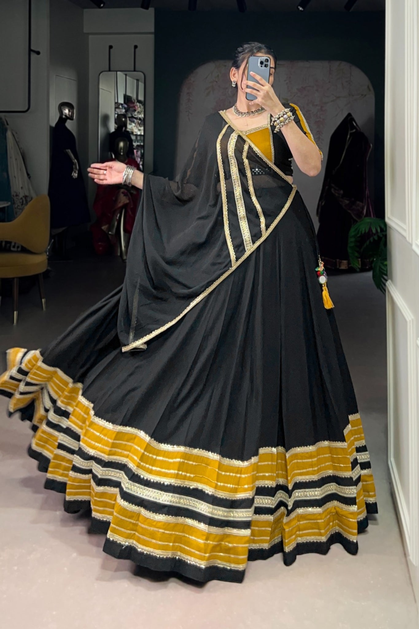 Black Beautiful Pure Rayon Original Mirror Work Stunning Navratri Lehenga Choli