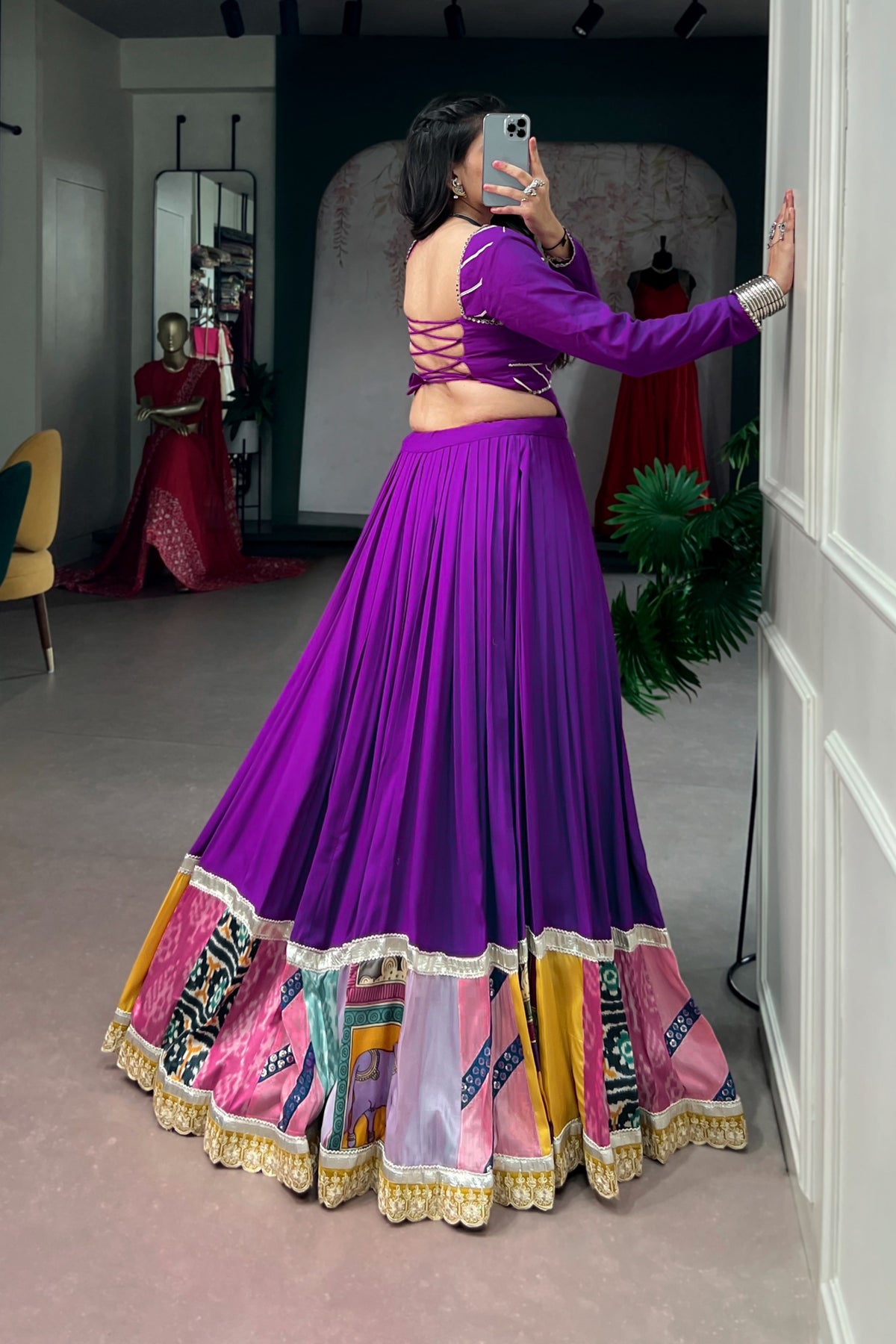 Purple Rayon Navratri Designer Multicolor Patchwork Lehenga Choli