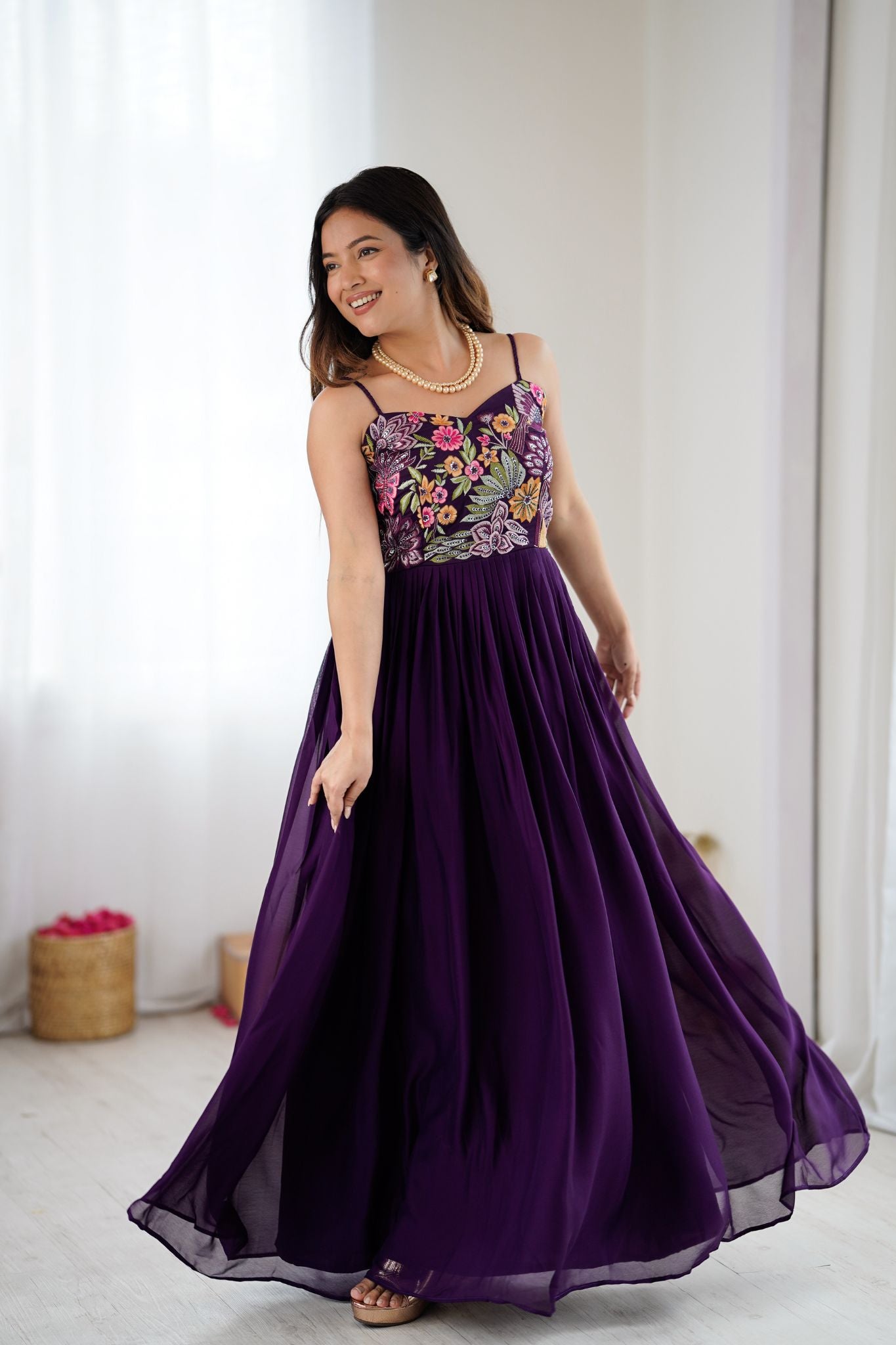Purple Floral Embroidered Designer Pure Georgette Gown For Women