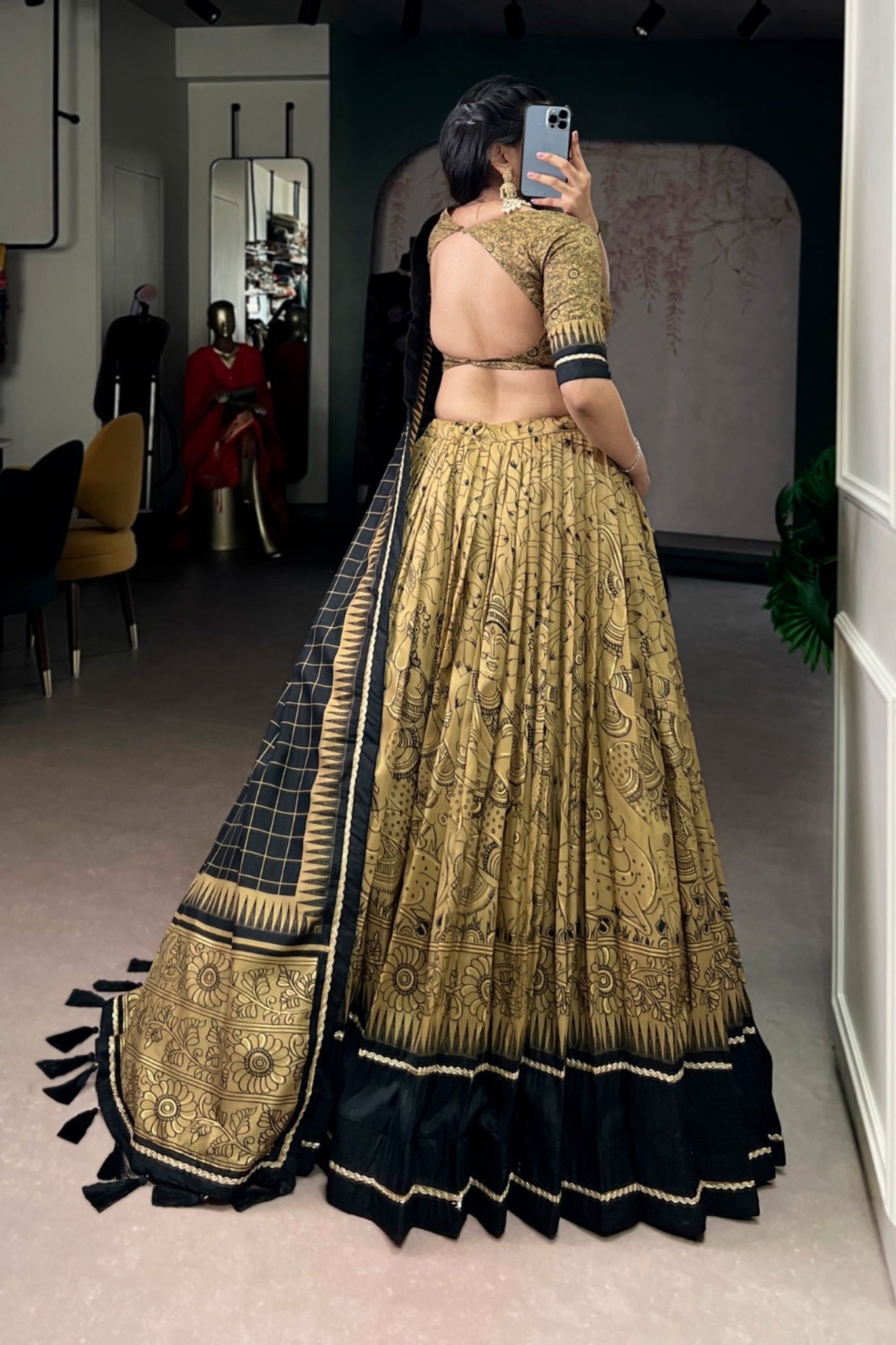 Festive Kalamkari Printed Tasar Silk Lehenga Choli With Dupatta