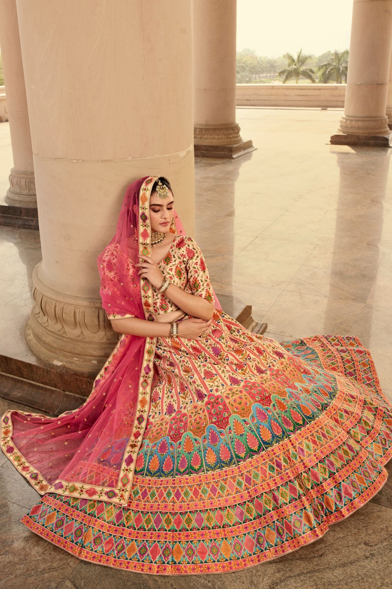 Beige Embroidery With Print And Swarovski Work Bridal Lehenga For Wedding