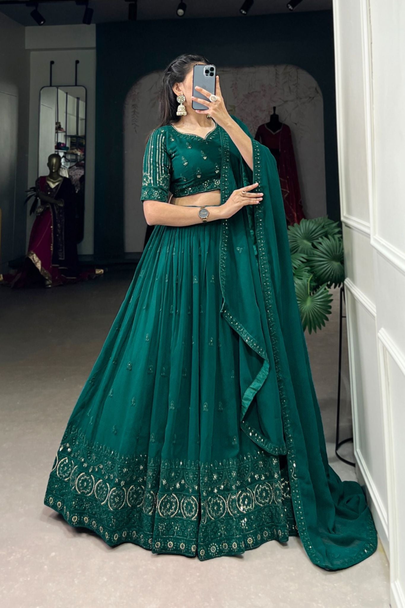 Blue Green Sequins With Thread Embroidery Work Wedding Lehenga Choli