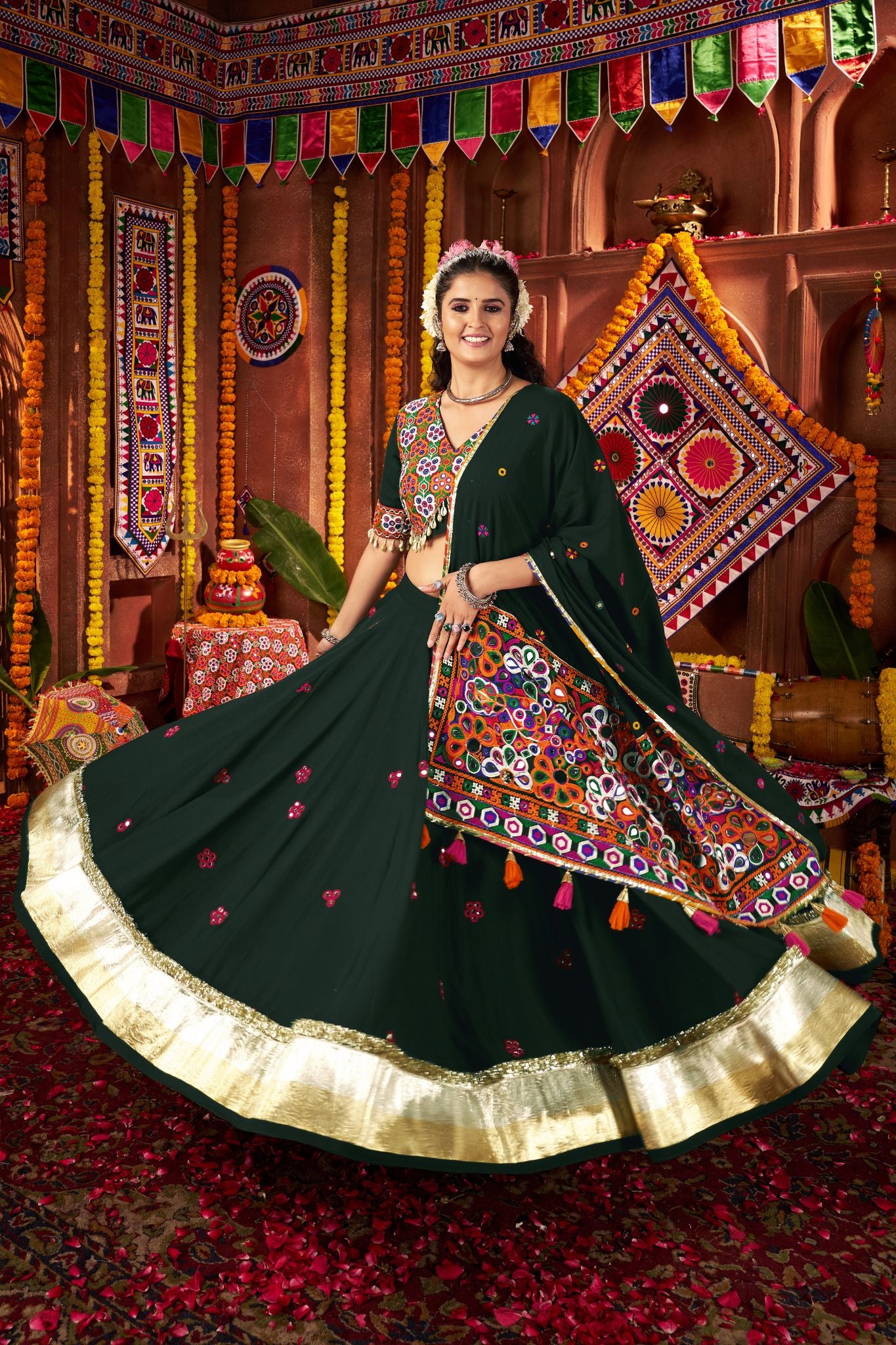 Premium Designer Green Viscose Cotton Thread With Mirror Work Navratri Lehenga CHoli