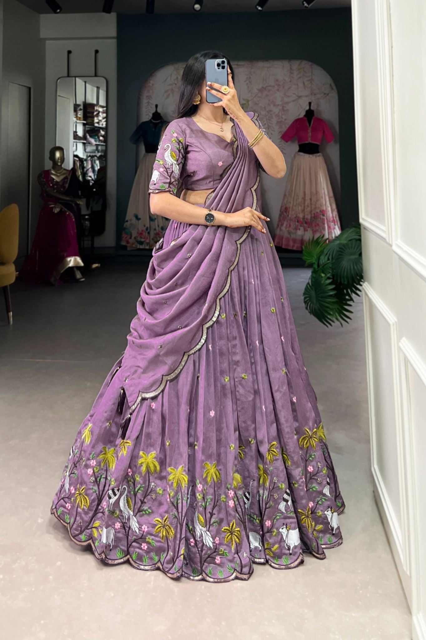 Lavender Sequins Thread Embroidery Work Lehenga Set